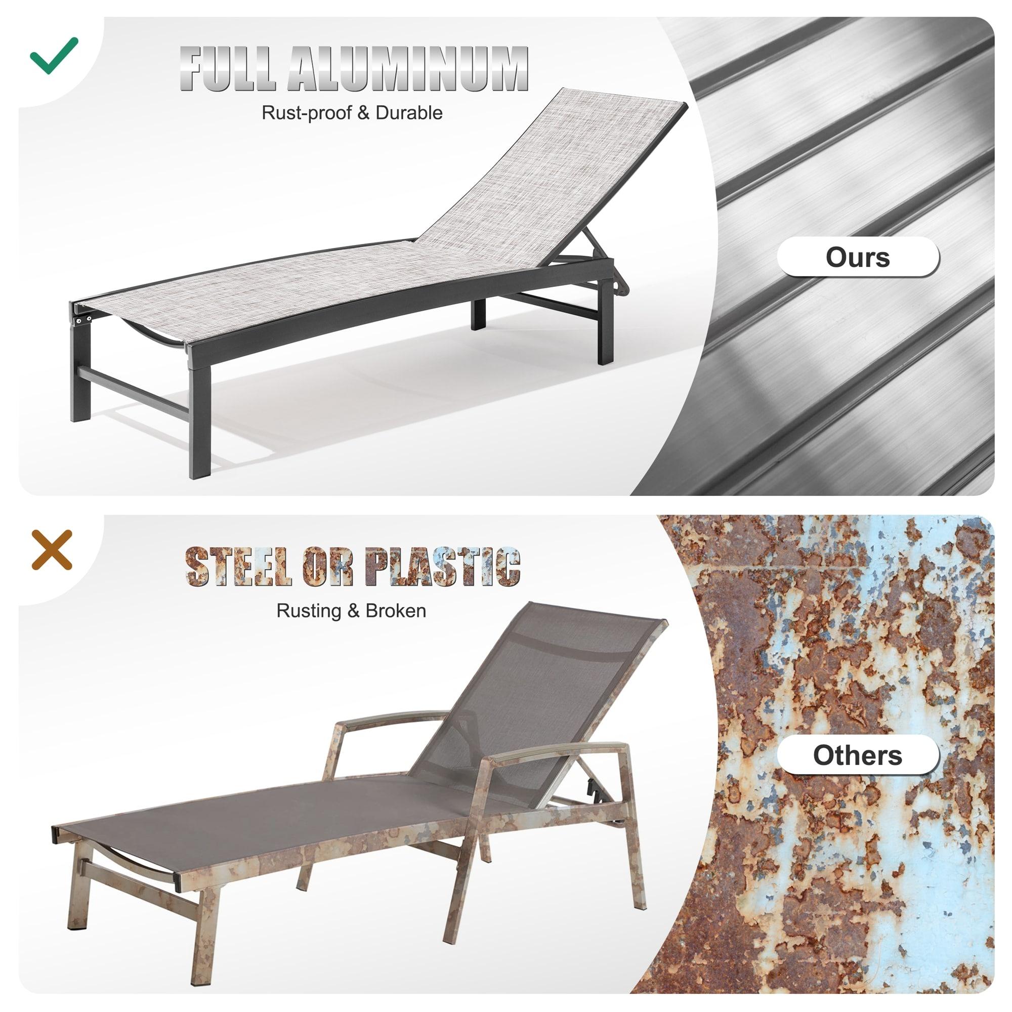 Crestlive Products Outdoor Aluminum Textilene Chaise Lounge Chairs and Table Set of 3 Earth Fabric, Dark Grey Frame