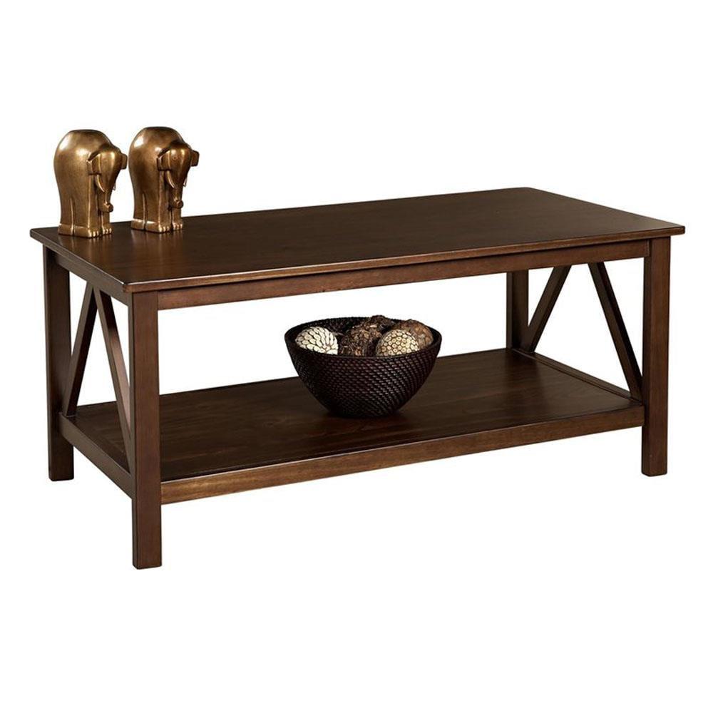 44" Titian Transitional Solid Wood Coffee Cocktail Table Rustic Brown - Linon: Durable, Antique Tobacco Finish, Spacious Shelf