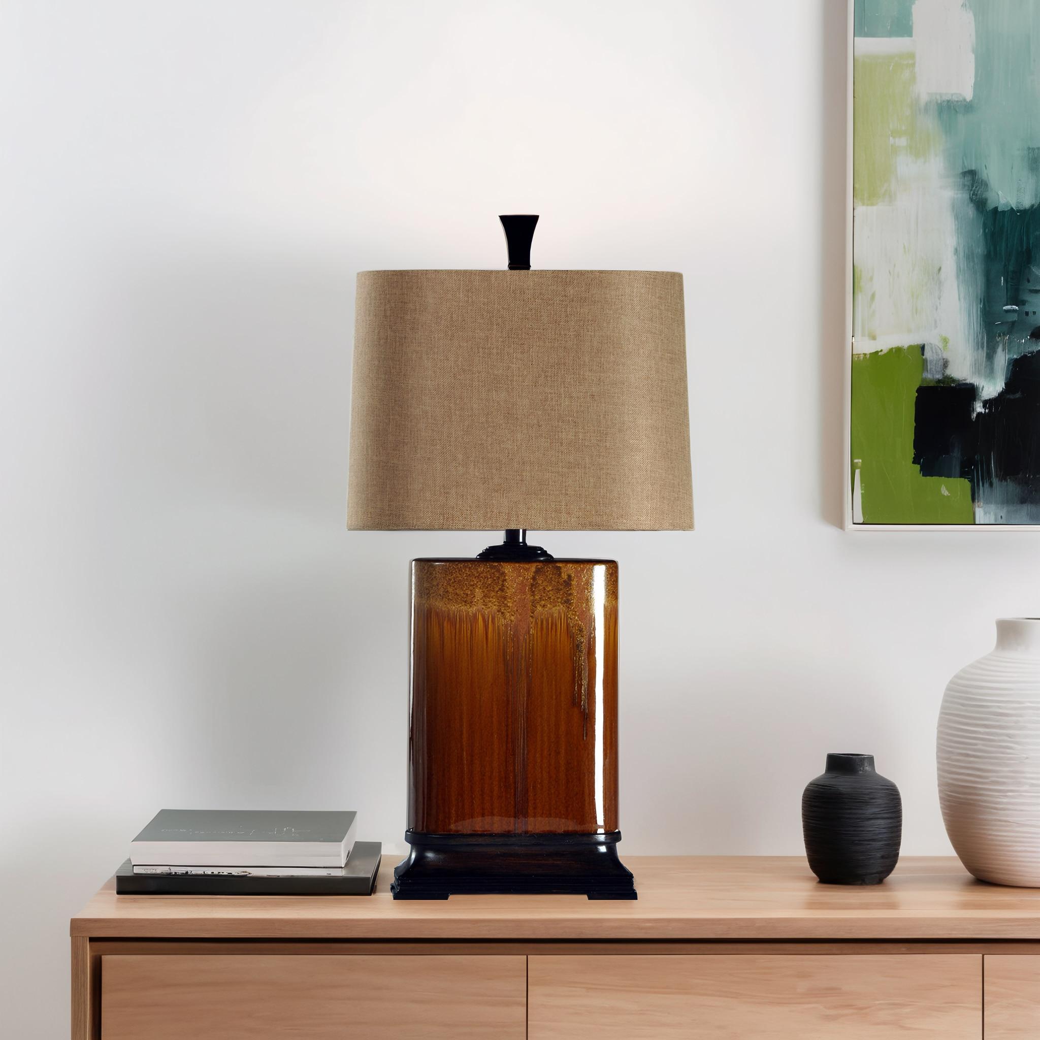 StyleCraft Reactive Glaze Table Lamp Burnt Red Glazed : Ceramic Body, Linen Shade, No Assembly Required