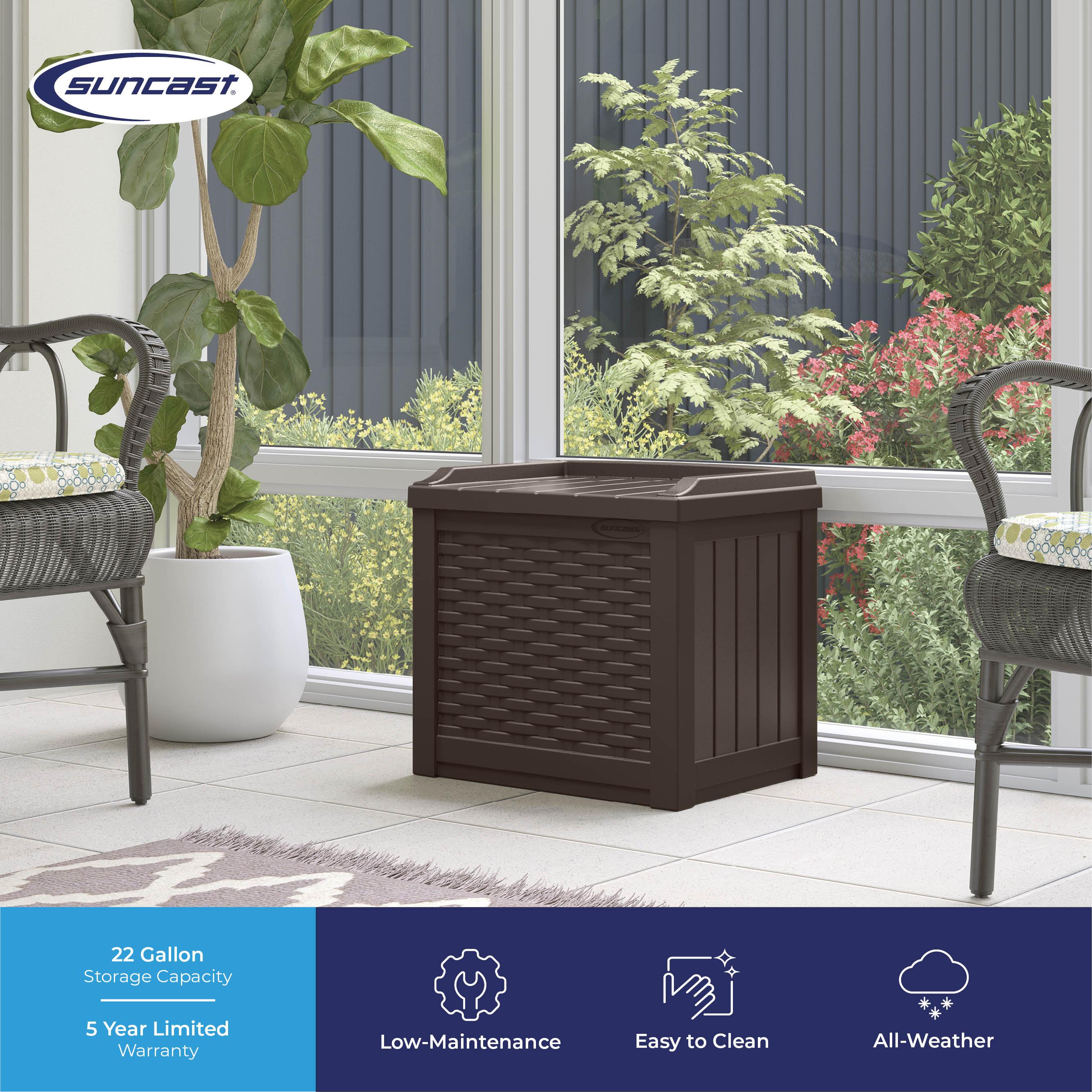 Suncast Suncast Wicker 22 Gallon Water Resistant Resin Deck Box with Storage Seat in Java