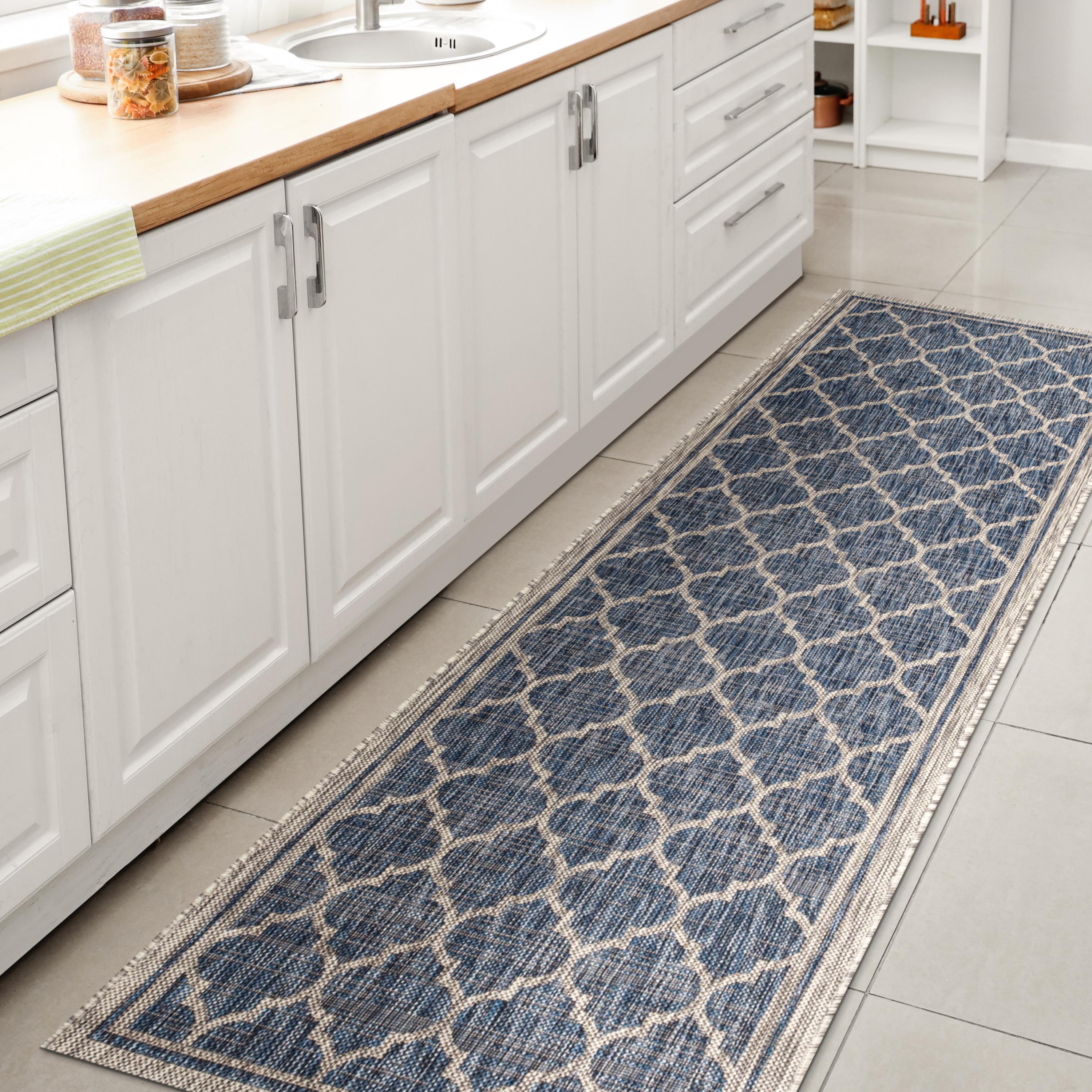 2' X 10' Trebol Moroccan Trellis Textured Weave Indoor/Outdoor Runner Rug, Navy/Gray - JONATHAN Y