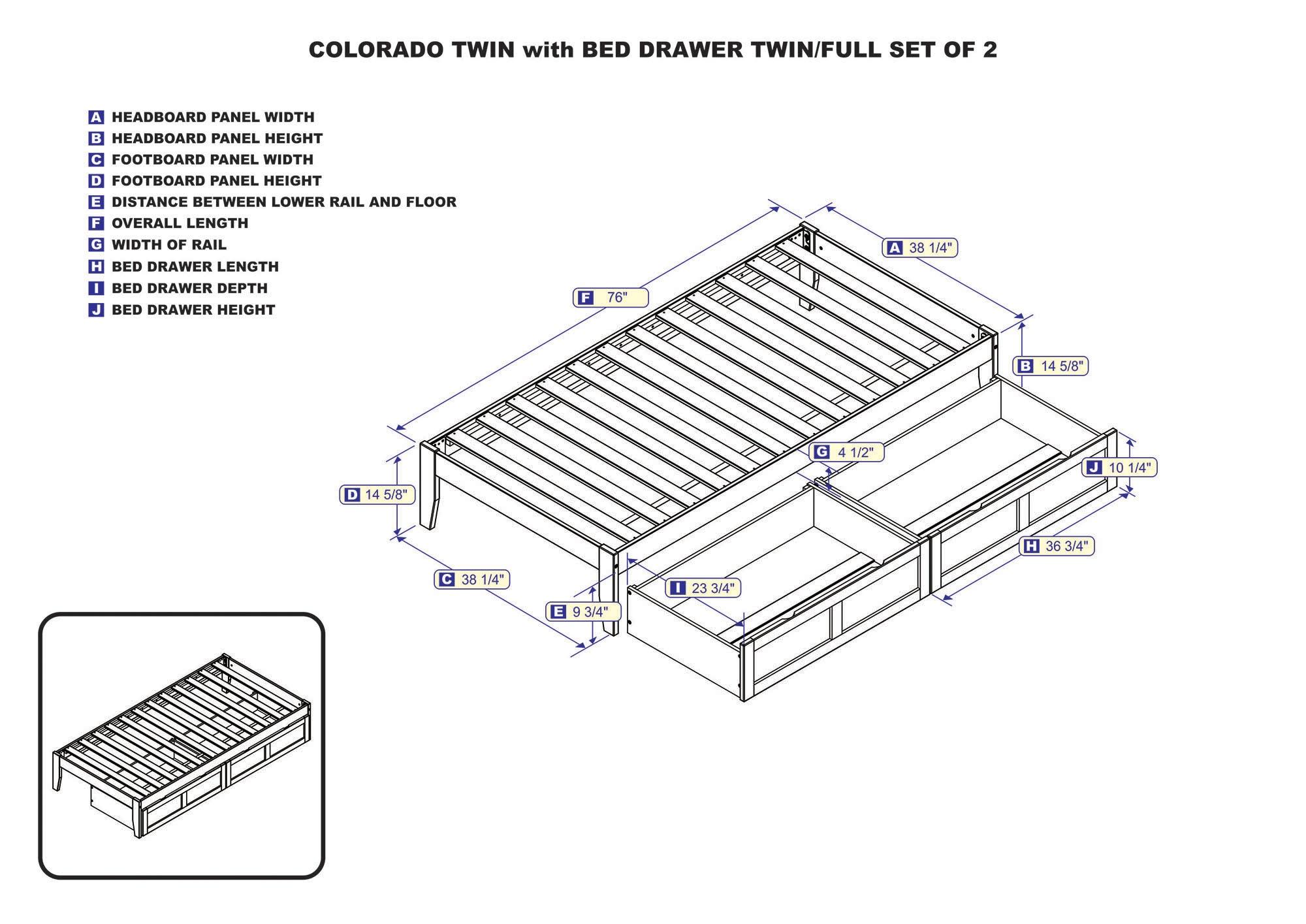 Twin Colorado Bed with USB Turbo Charger, 2 Underbed Drawers - AFI: Hardwood, No Box Spring Required