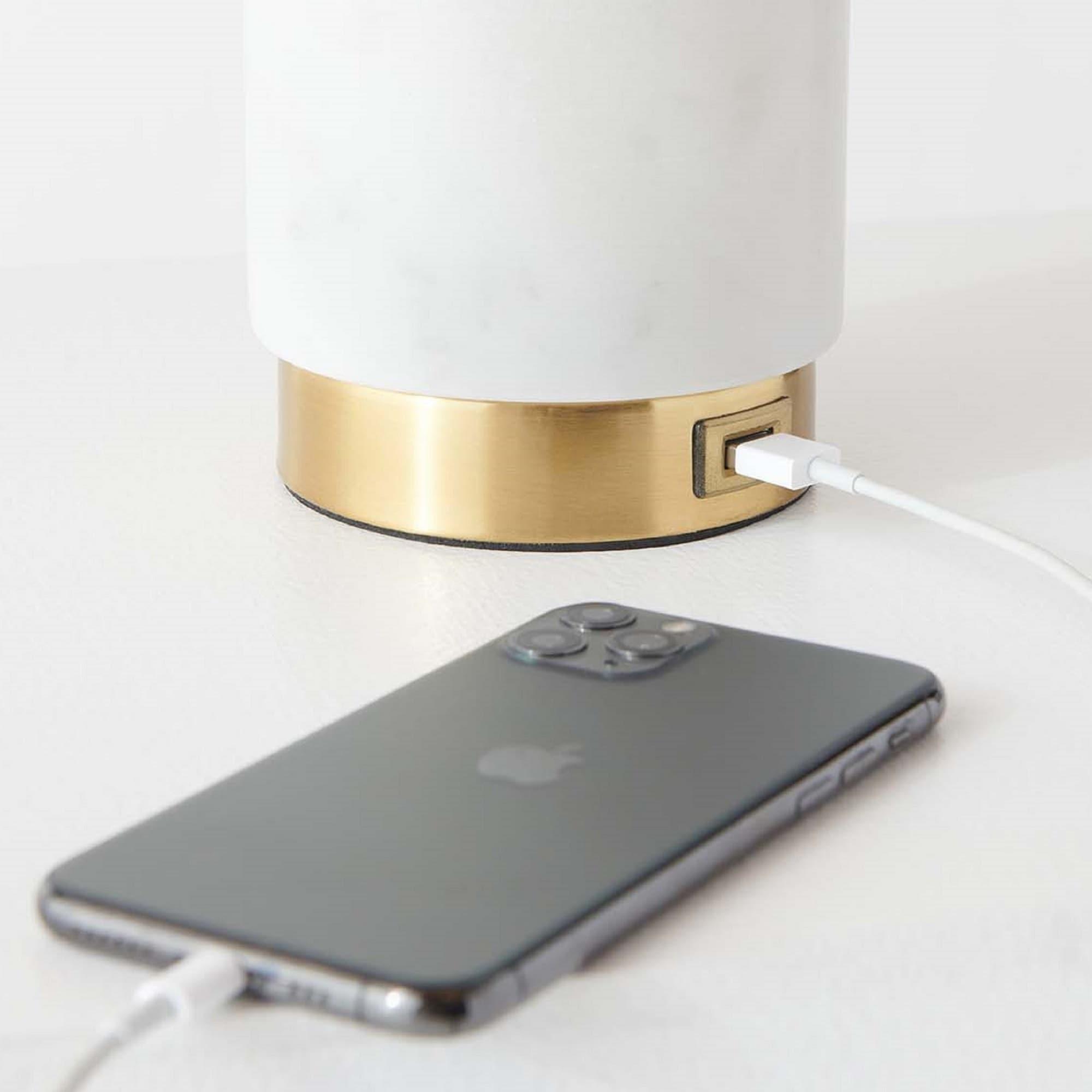 Brightech Arden 17 in. Mid-Century Modern LED Table Lamp with Fabric Drum Shade and USB Port