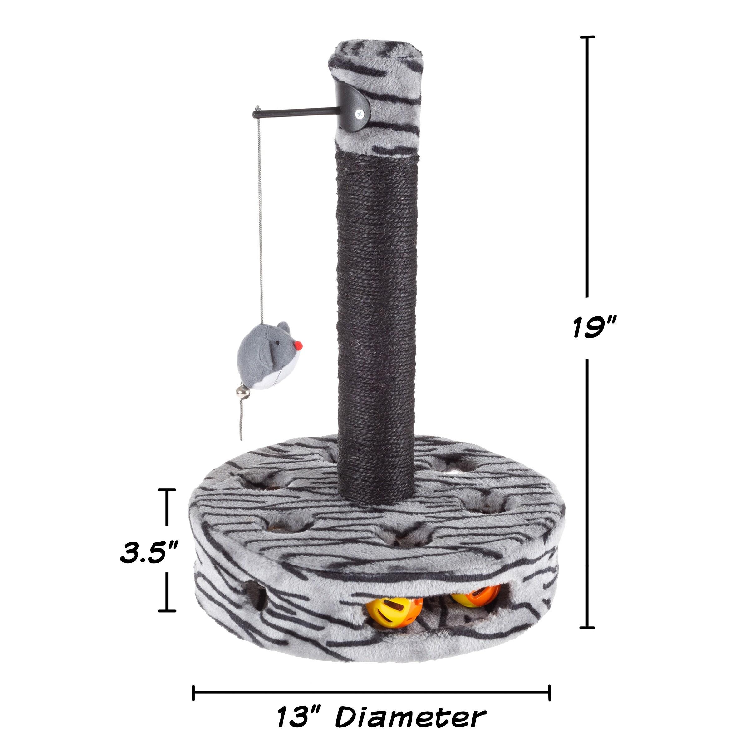 Pet Adobe Interactive Sisal Cat Scratching Post With Built-In Rolling Ball and Hanging Mouse Toy for Adult Cats and Kittens - Gray and Black