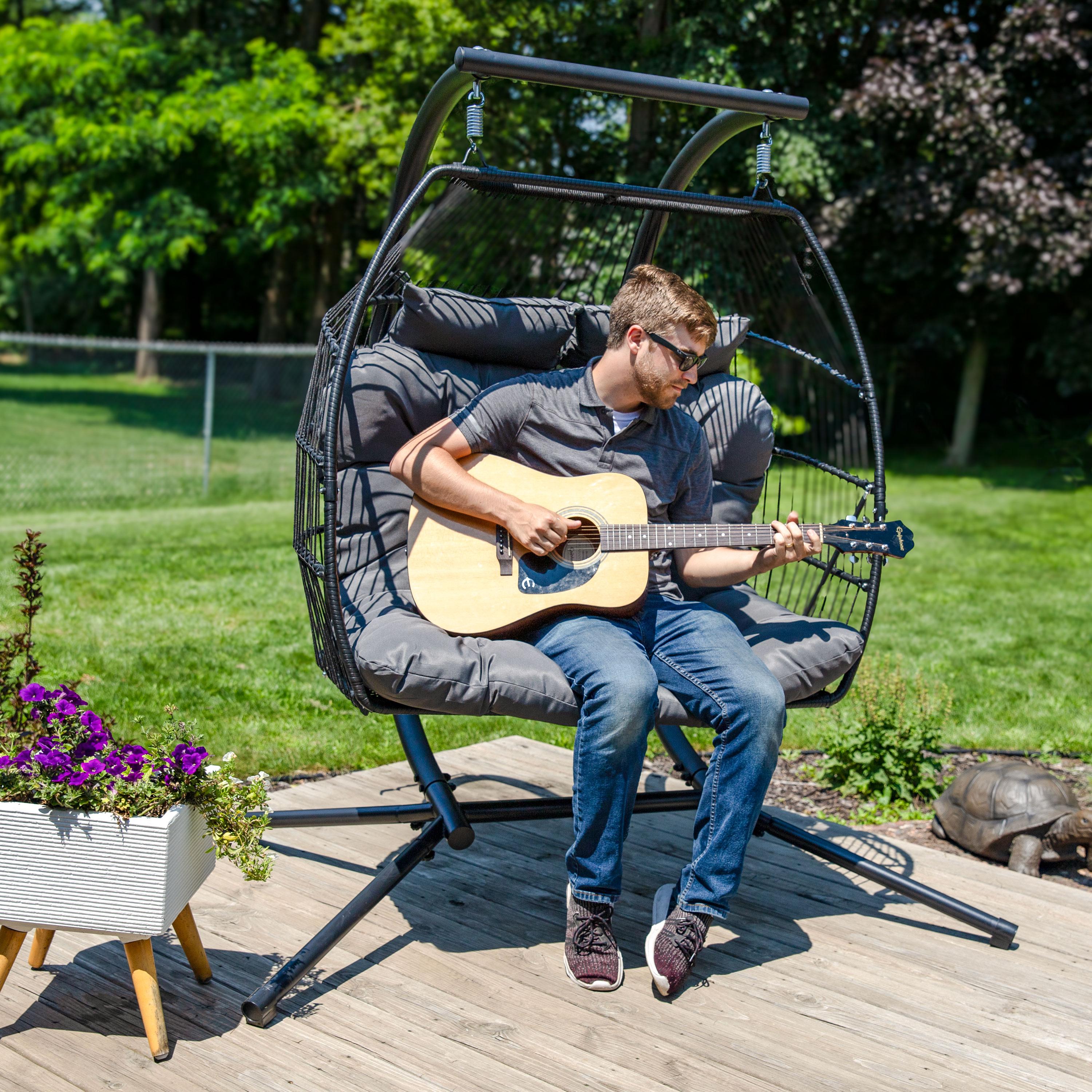 Sunnydaze Outdoor Andrei Double Egg Chair with Steel Stand and Polyester Cushion - Dark Gray - 74"