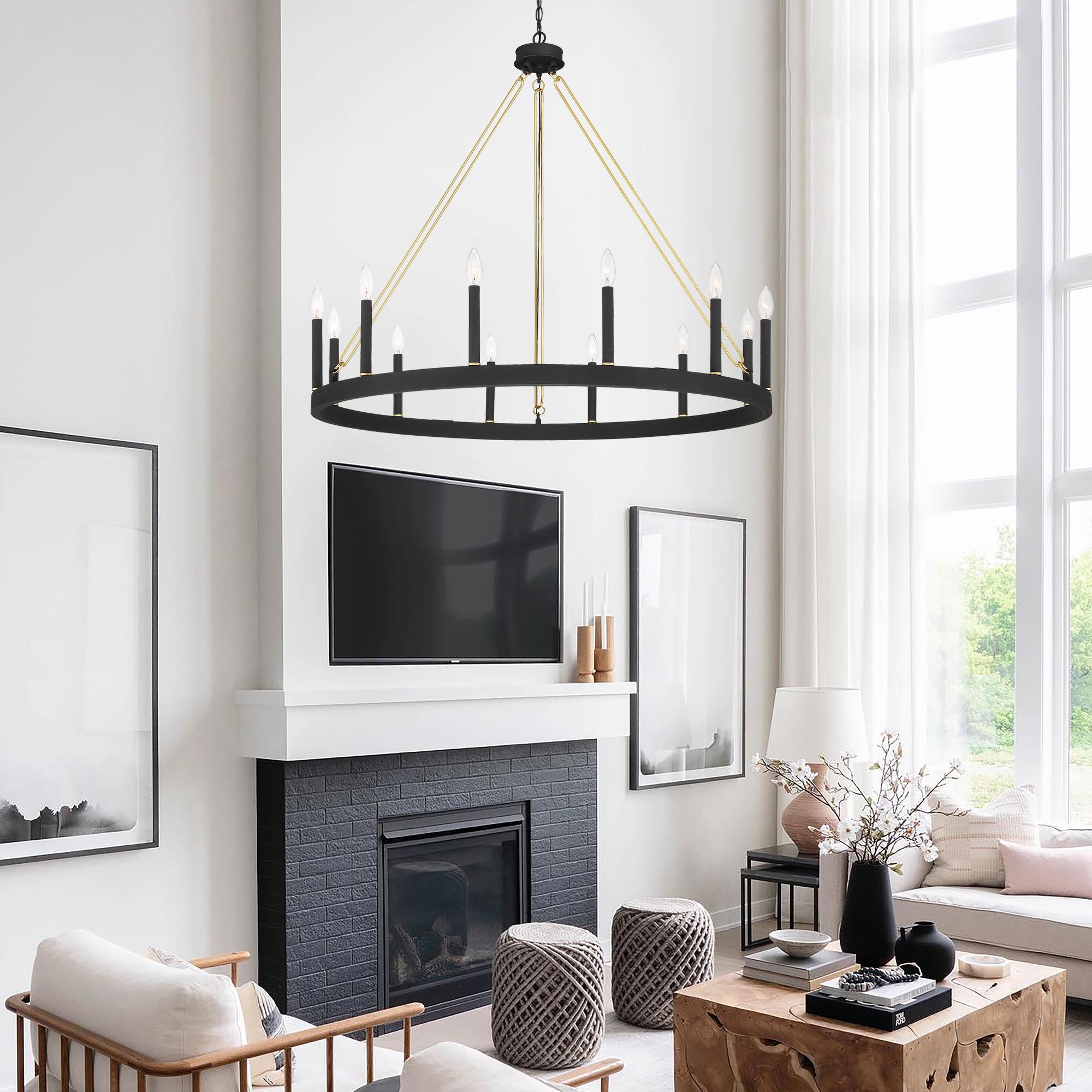 ACROMA  12-light 40In Modern Farmhouse Wagon Wheel Chandelier Black/ Gold Candle Lighting - 40'' D