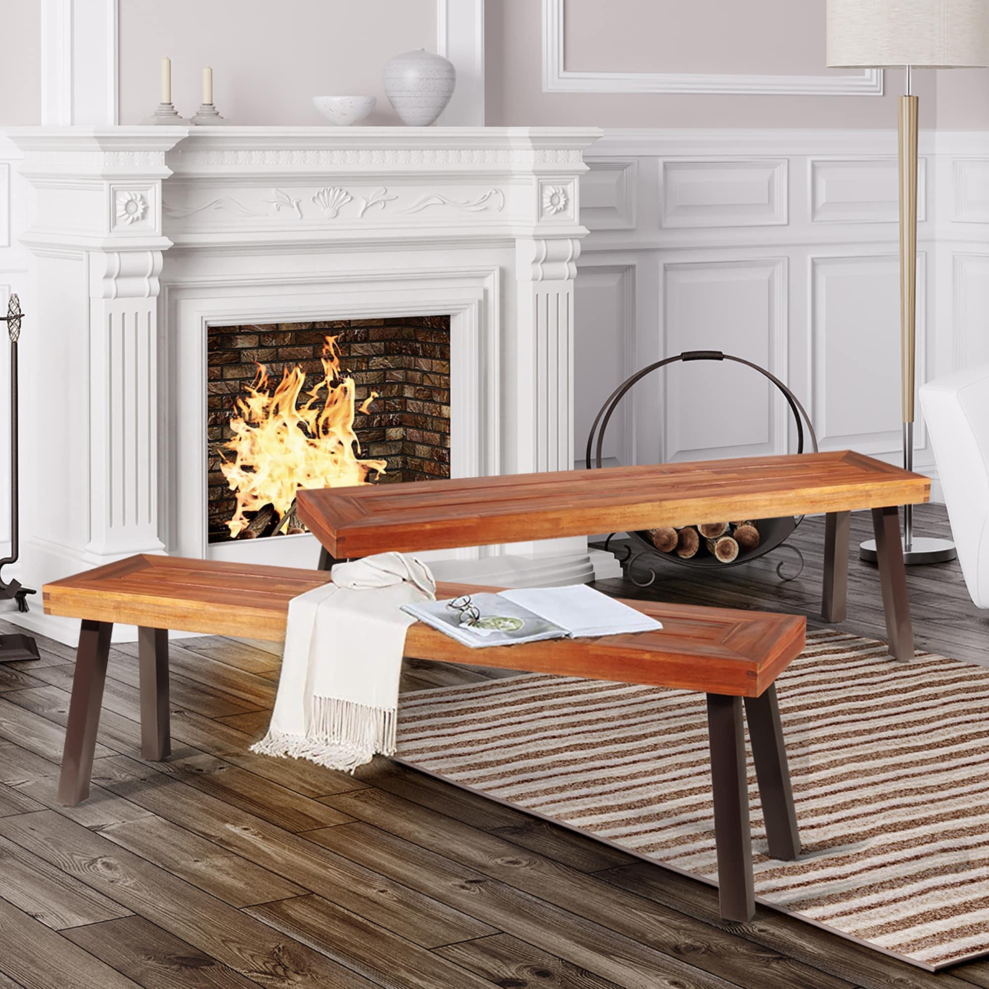 Costway Set of 2 Patio Acacia Wood Dining Bench with Rustic Steel Legs Outdoor Indoor