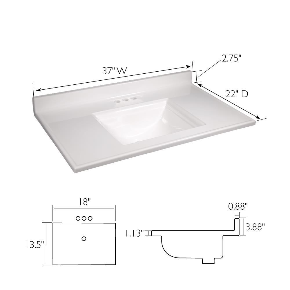 Camilla 37 in Cultured Marble Center Mount Rectangle One Bowl Vanity Top with Backsplash in Solid White