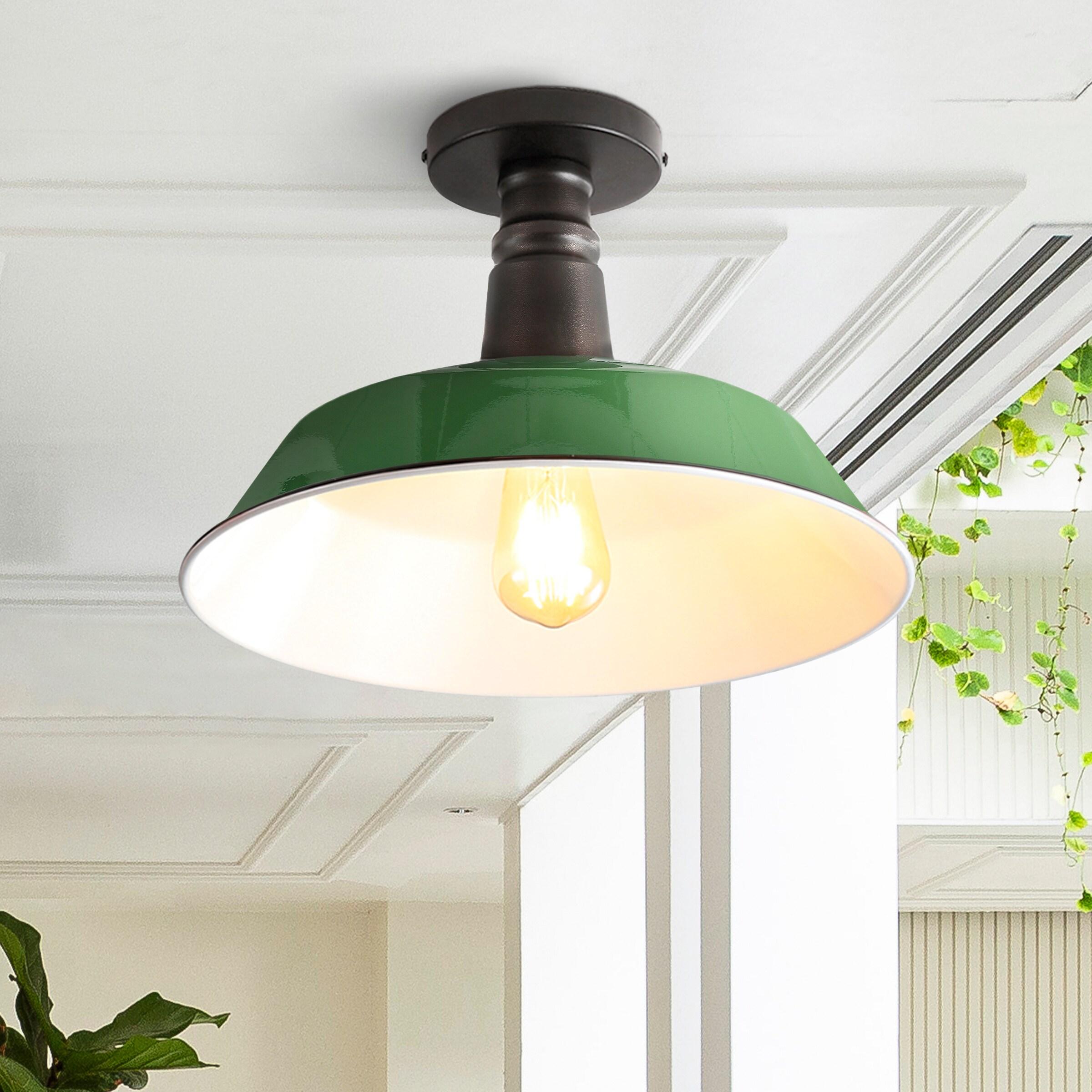 JONATHAN Y Camila 14" 1-Light Classic Industrial Indoor/Outdoor Iron LED Semi Flush Mount, Green/White, JYL7617F