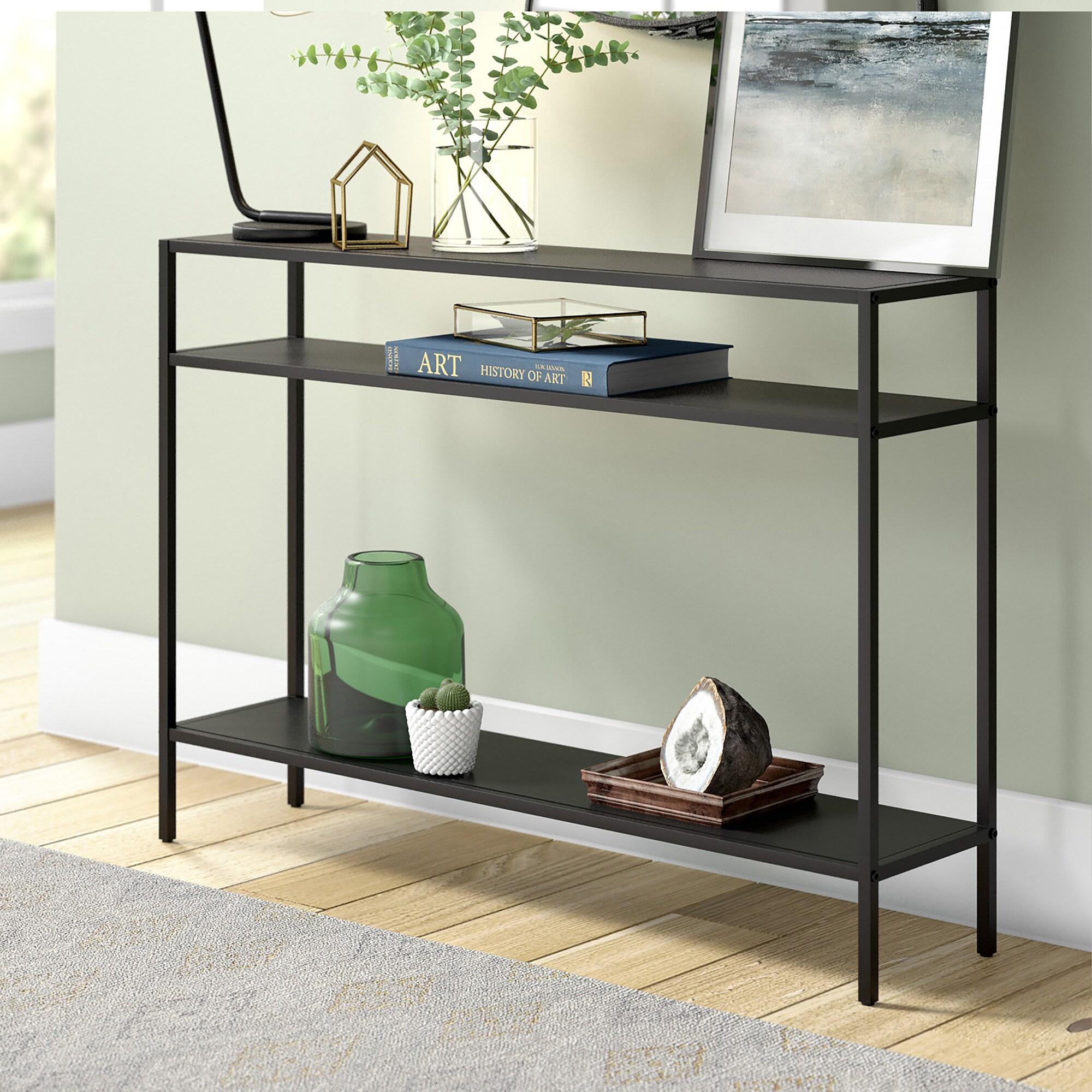 Evelyn&Zoe Ricardo 42" Wide Rectangular Console Table with Metal Shelves, Blackened Bronze