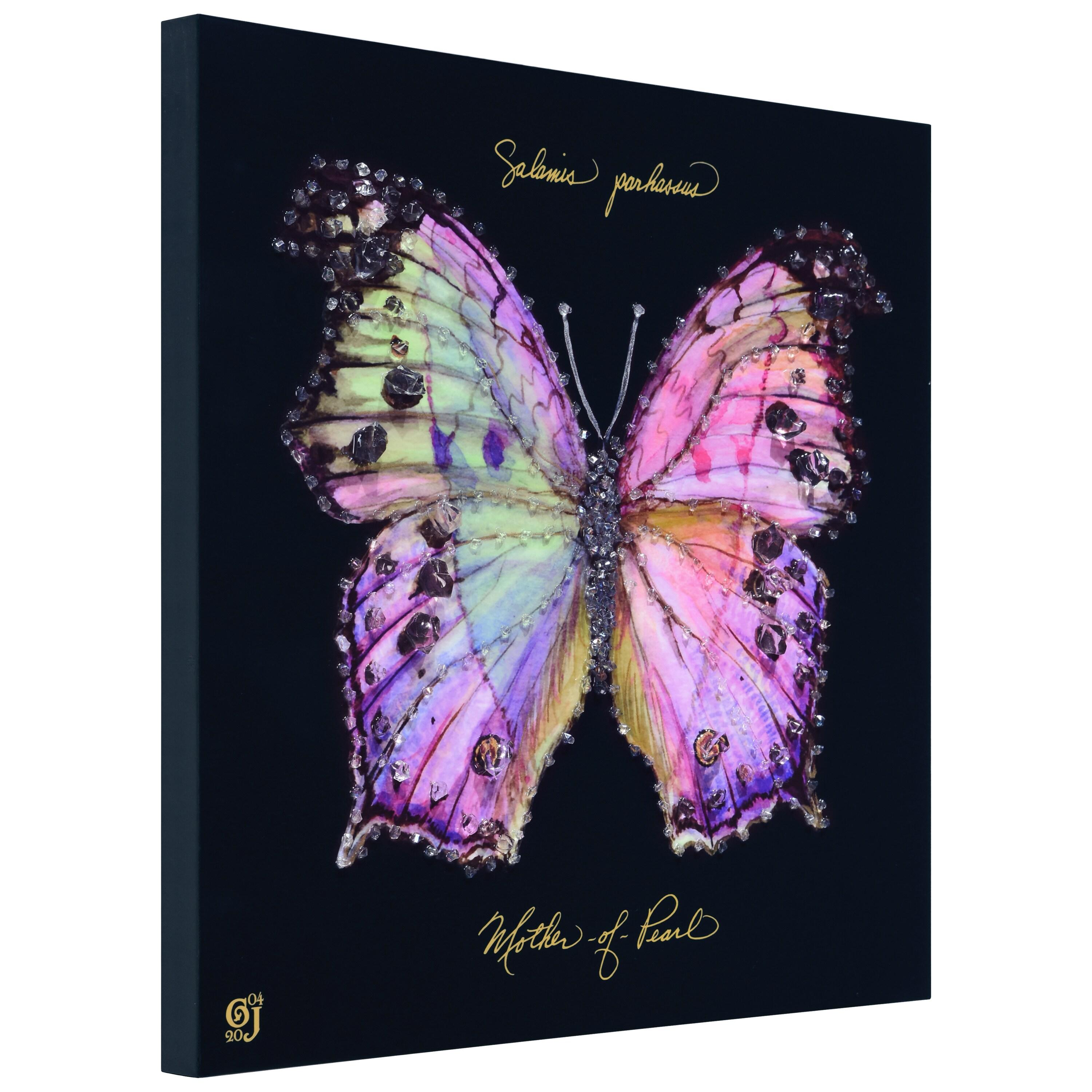 "Pink Monarch Elegance" Crystallus Epoxy Coated Wrapped Glossy Butterfly Canvas Wall Art with Heavy Acrylic Crystal Shards Embellishments