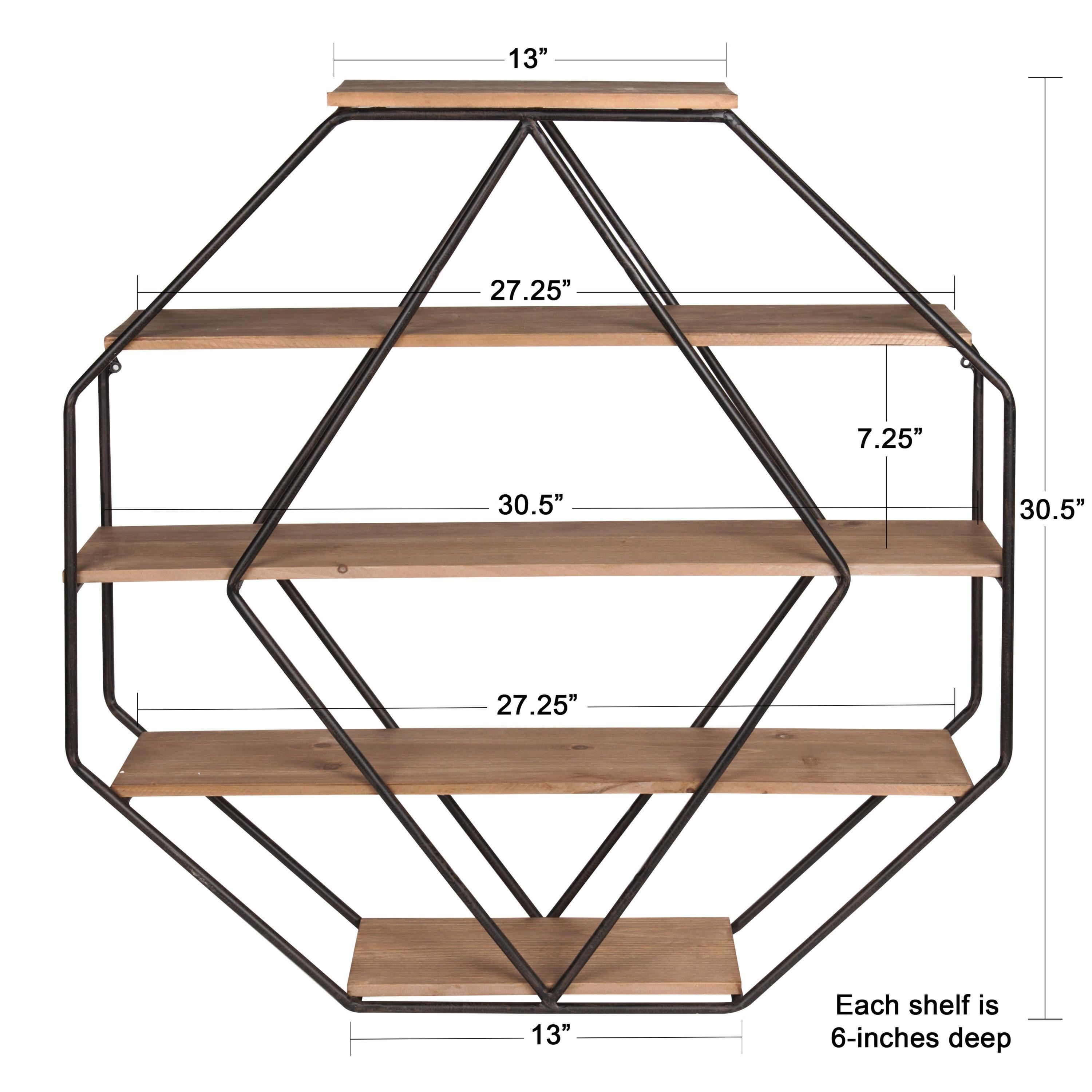 Kate & Laurel All Things Decor Wall Shelf Octagon Shaped Walnut/Black: 5-Tier Metal Floating Decorative Shelving