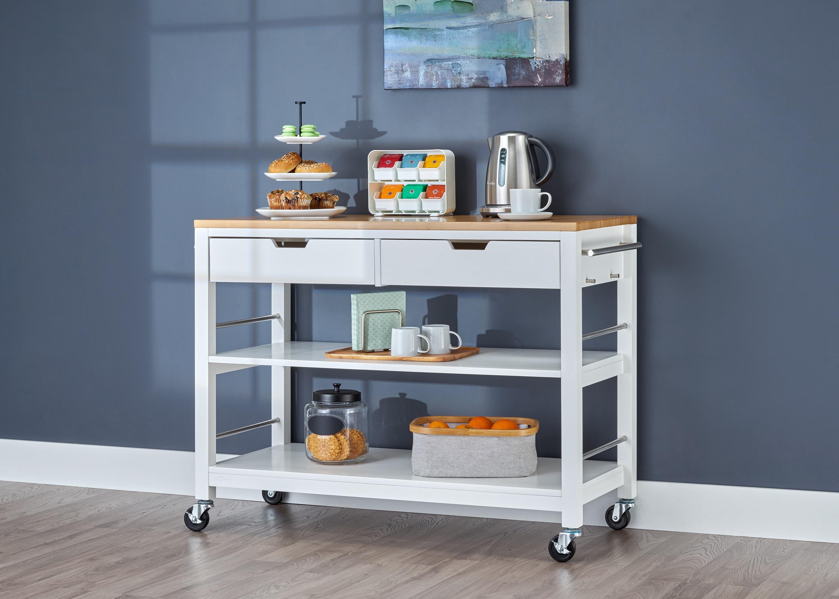 Trinity  Kitchen Island w/ Drawers, White & Bamboo