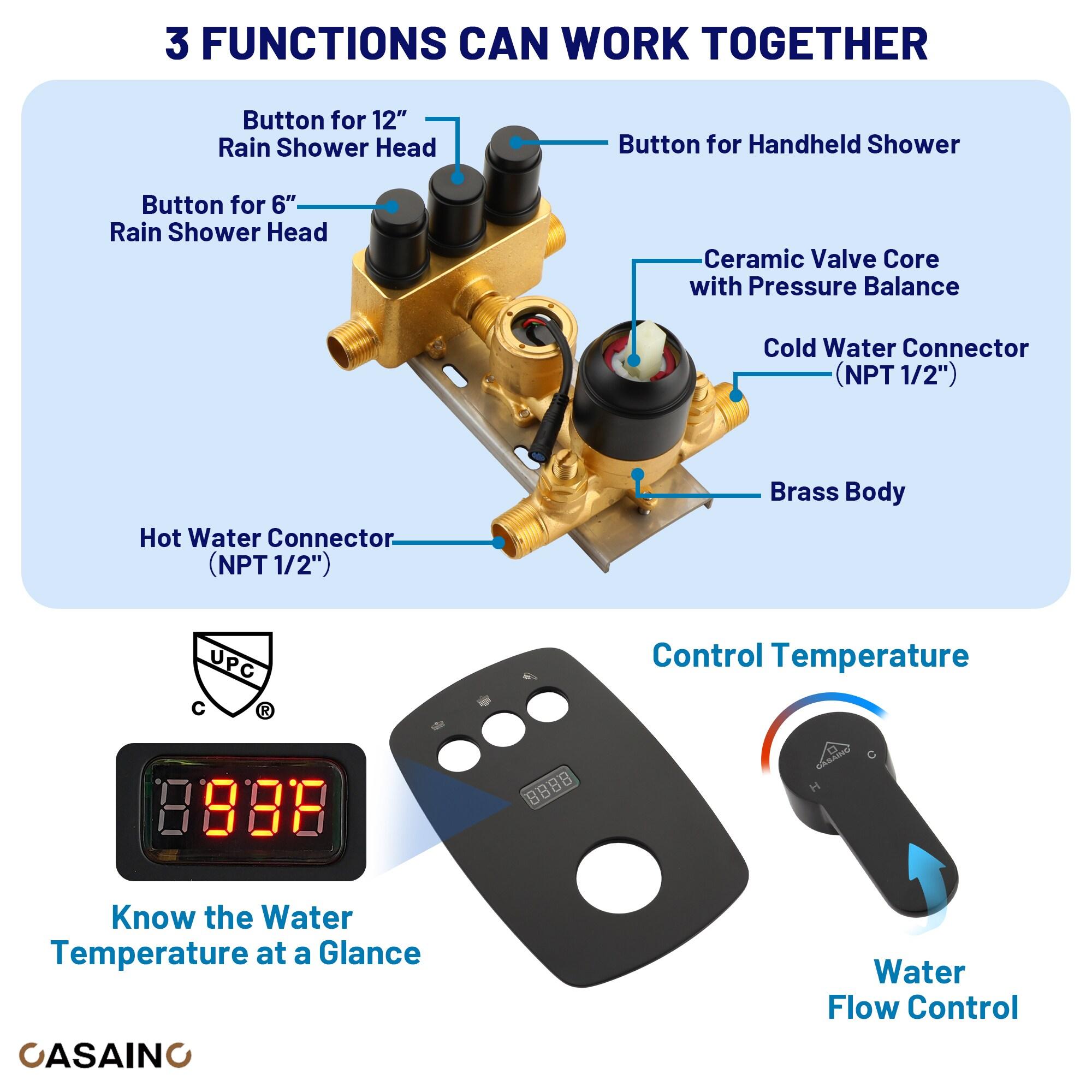 Rainfall Symphony 12inch Dual Showerhead Temperature Display Shower System with 2 in 1 Slider Bar Shower Handheld