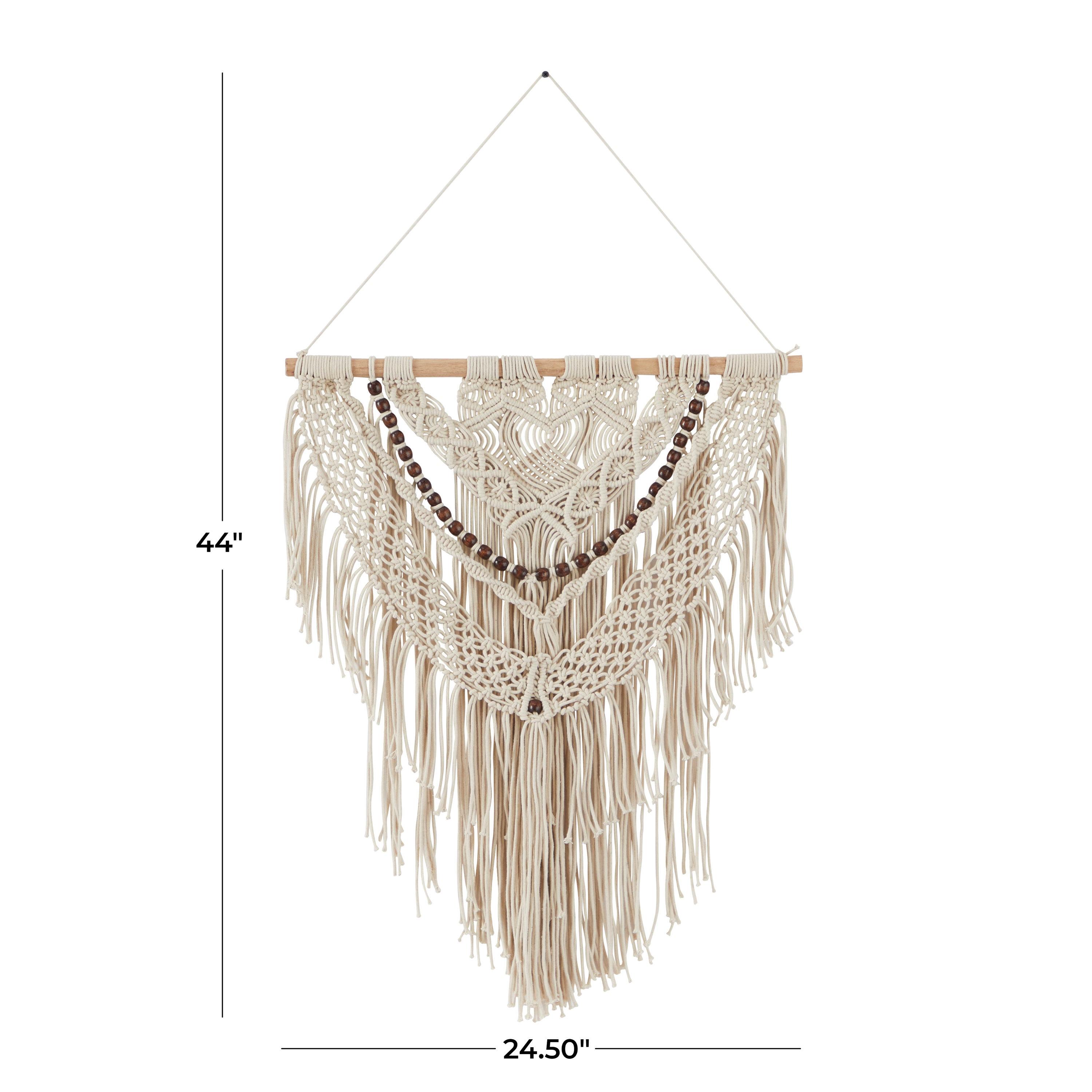 DecMode Cream Cotton Intricately Weaved Macrame Wall Decor with Beaded Fringe Tassels