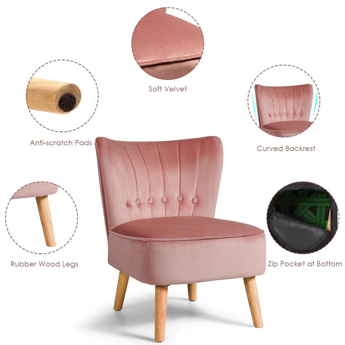 Costway Armless Accent Chair Modern Velvet Leisure Chair Single Upholstered Pink