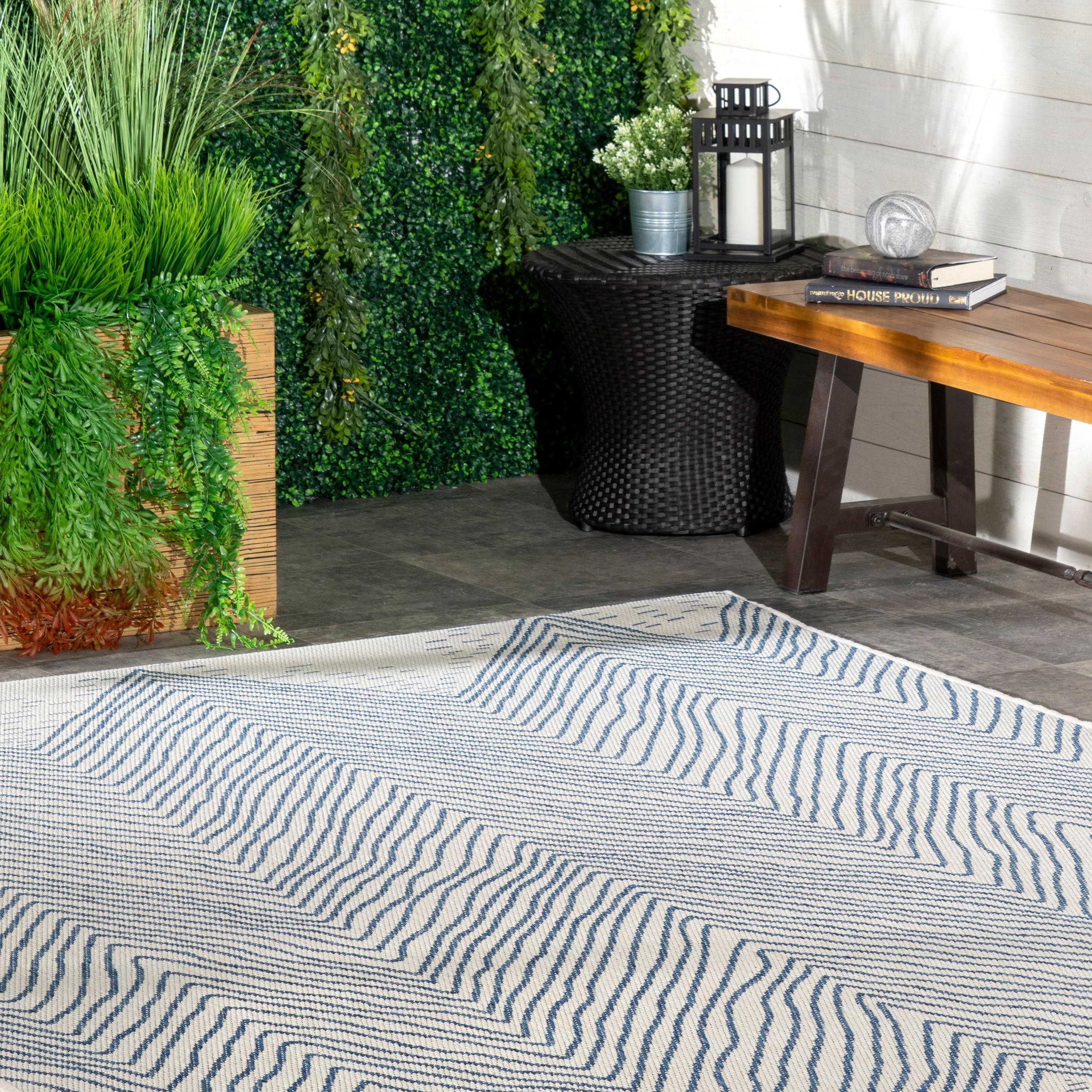 Dunham Abstract Indoor/Outdoor Area Rug for Living Room Patio Deck Front Porch Kitchen, Blue/Ivory