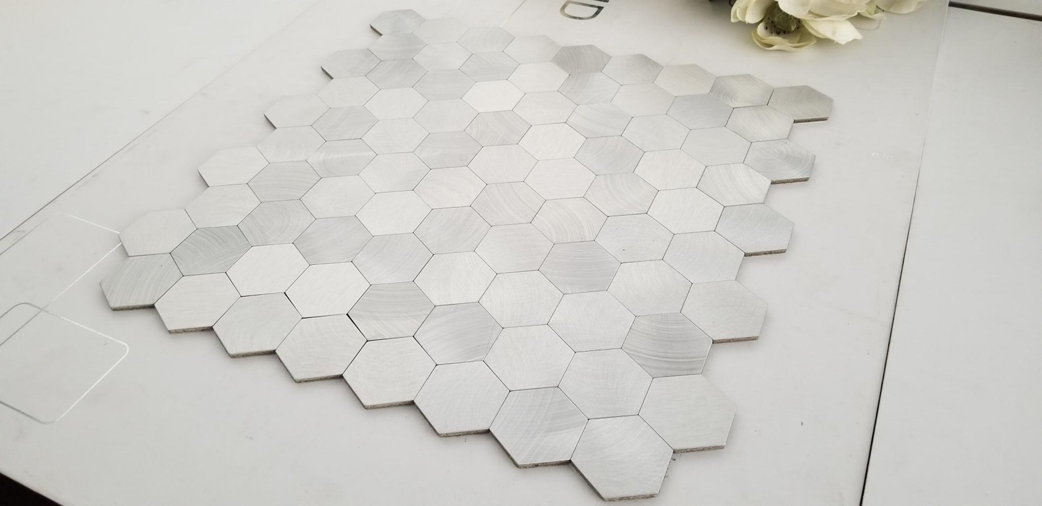 Abolos- Enchanting Hexagon Wall Backsplash 1.5" x 1.5" Peel and Stick Metal Mosaic Tile in Silver (19.80sqft / 22pc Box)