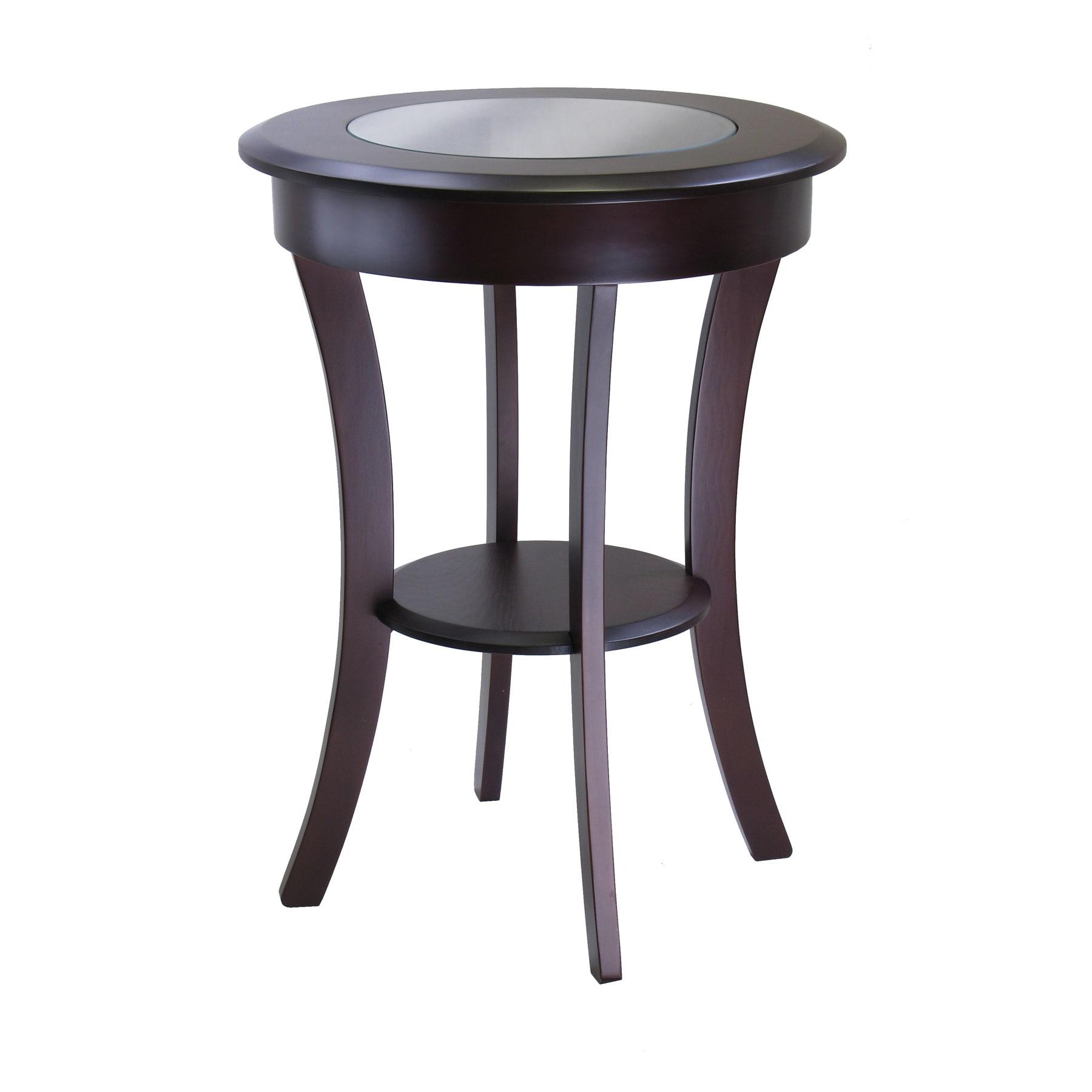 Cassie Round Accent Table with Glass - Cappuccino - Winsome: Flared Legs, Wood Composite Shelf, 27" Height