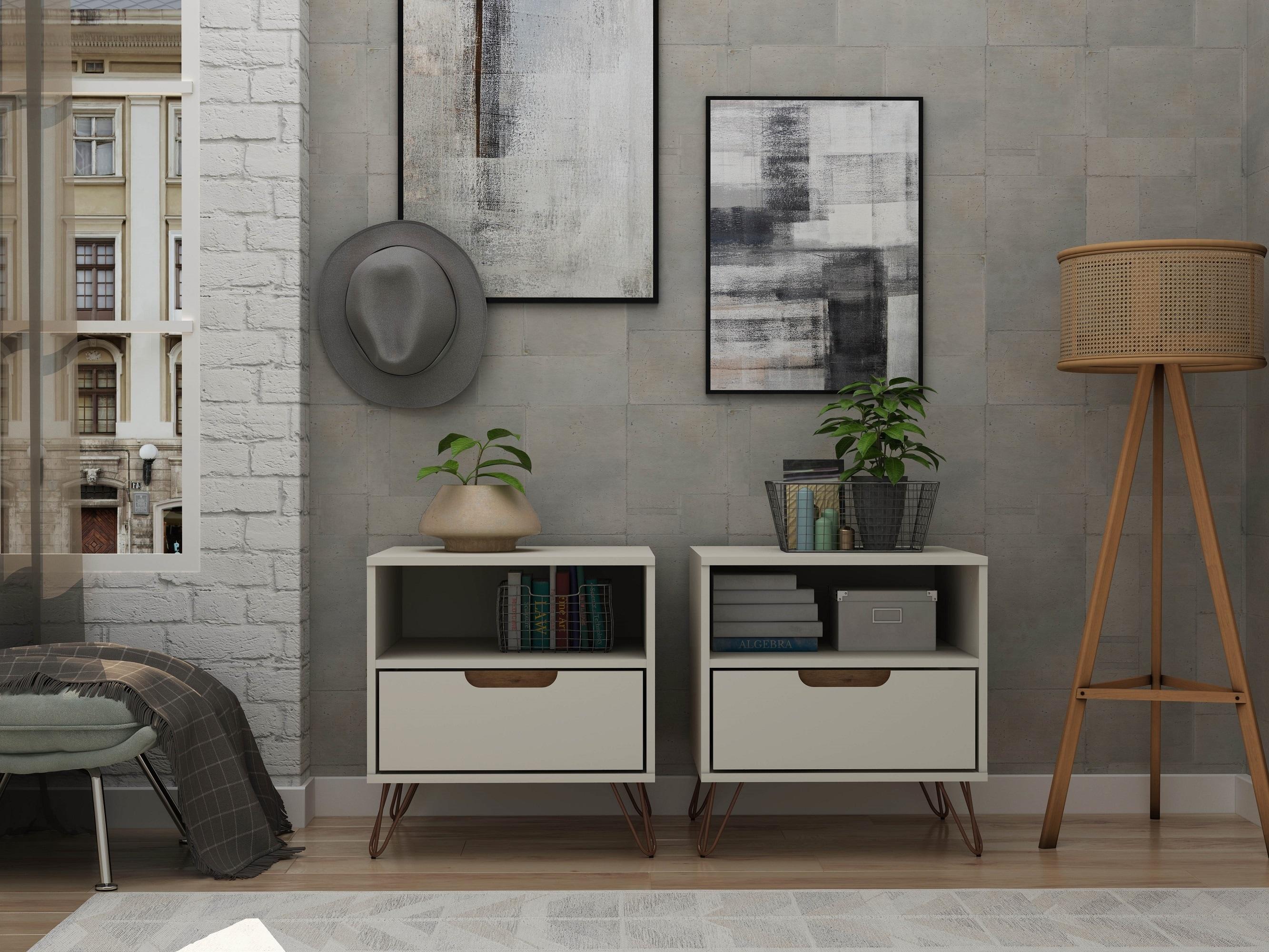 Set of 2 Rockefeller 1 Drawer Nightstands Off White/Nature - Manhattan Comfort