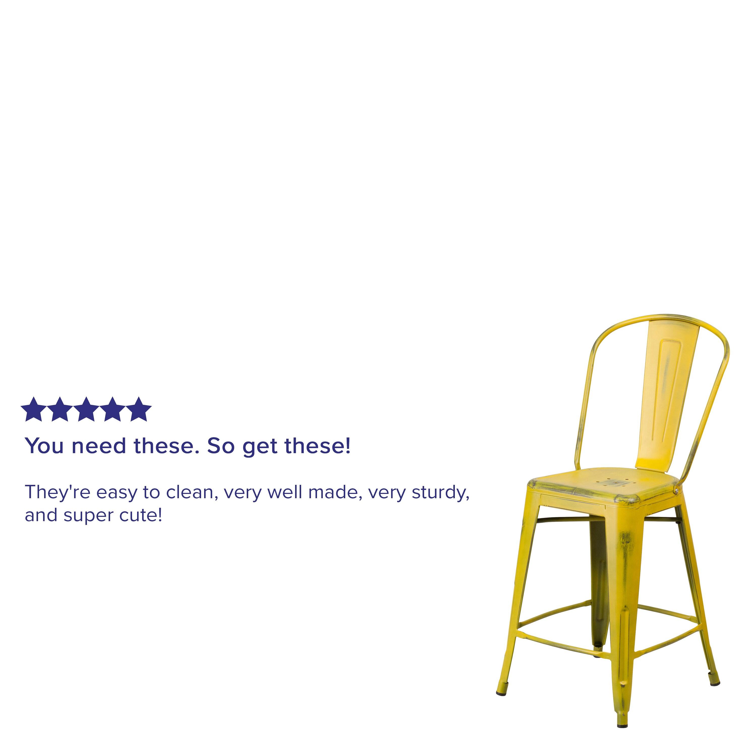 Flash Furniture Commercial Grade 24" High Distressed Yellow Metal Indoor-Outdoor Counter Height Stool with Back
