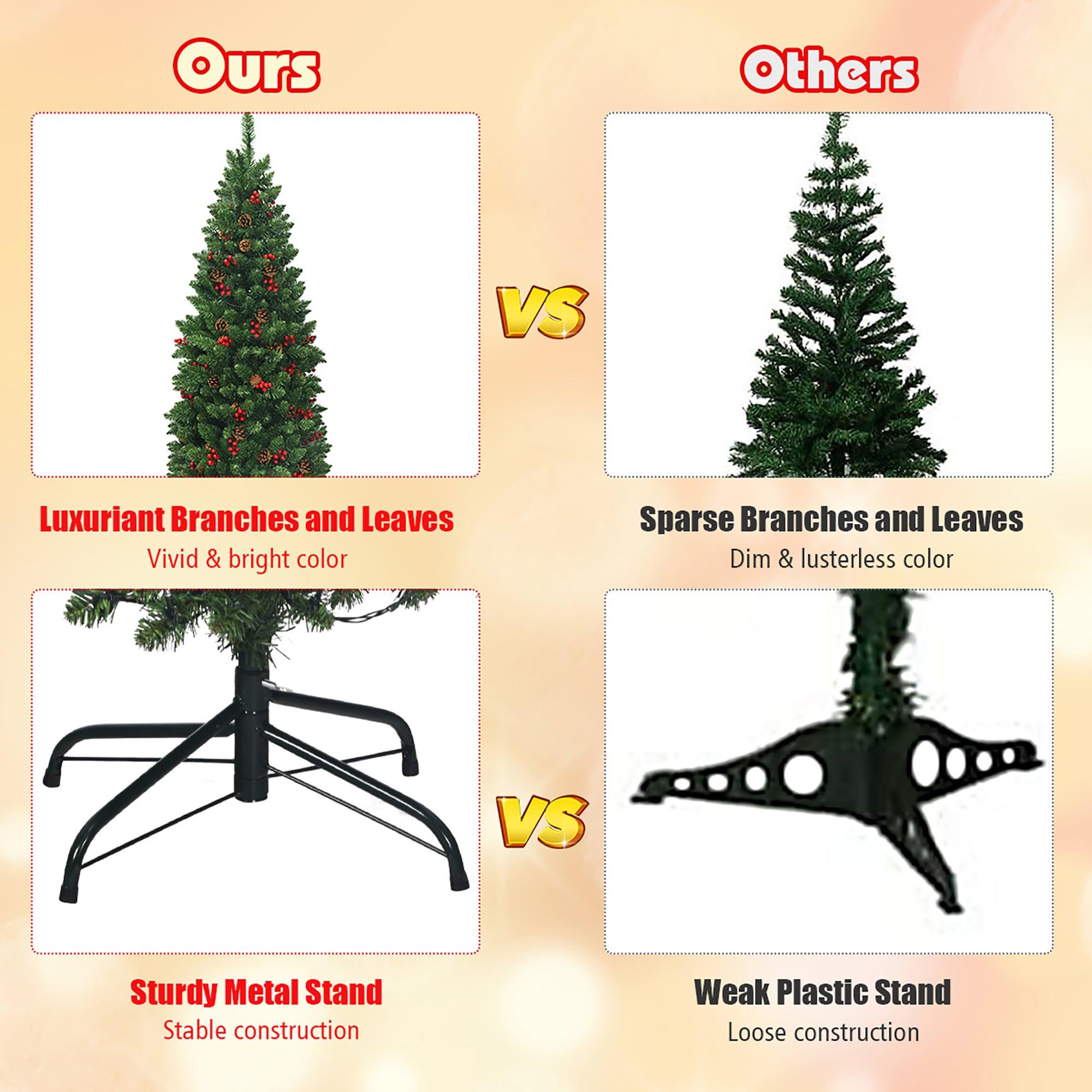 Costway 7.5Ft Pre-lit Hinged Pencil Christmas Tree w/Pine Cones Red Berries & 350 Lights