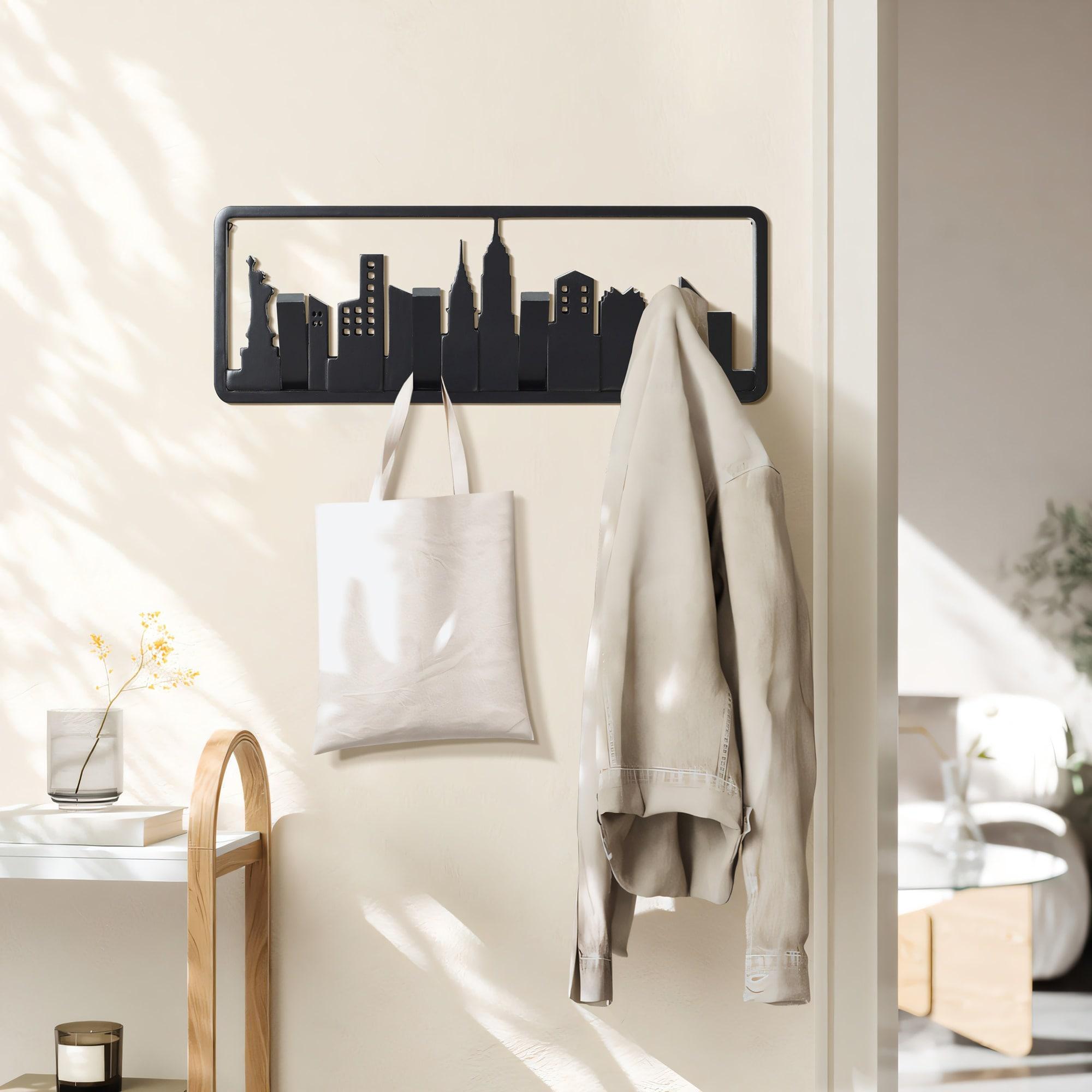 LuxenHome Black Wood 4-Hook Skyscraper Wall-Mounted Coat and Towel Rack