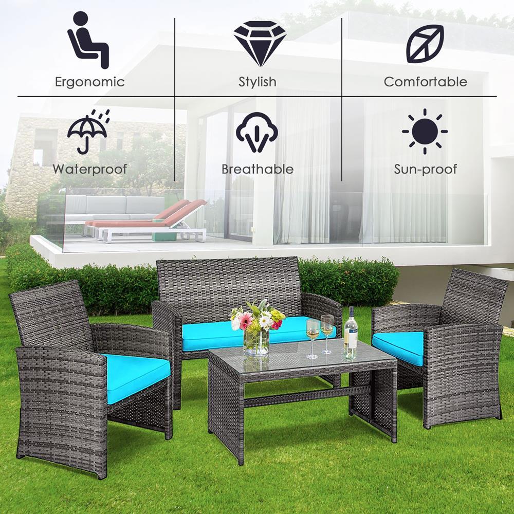 Spaco 4 Pieces Patio Rattan Furniture Set, Balcony Furniture Outdoor Rattan Patio Conversation Set with Cushions-Turquoise