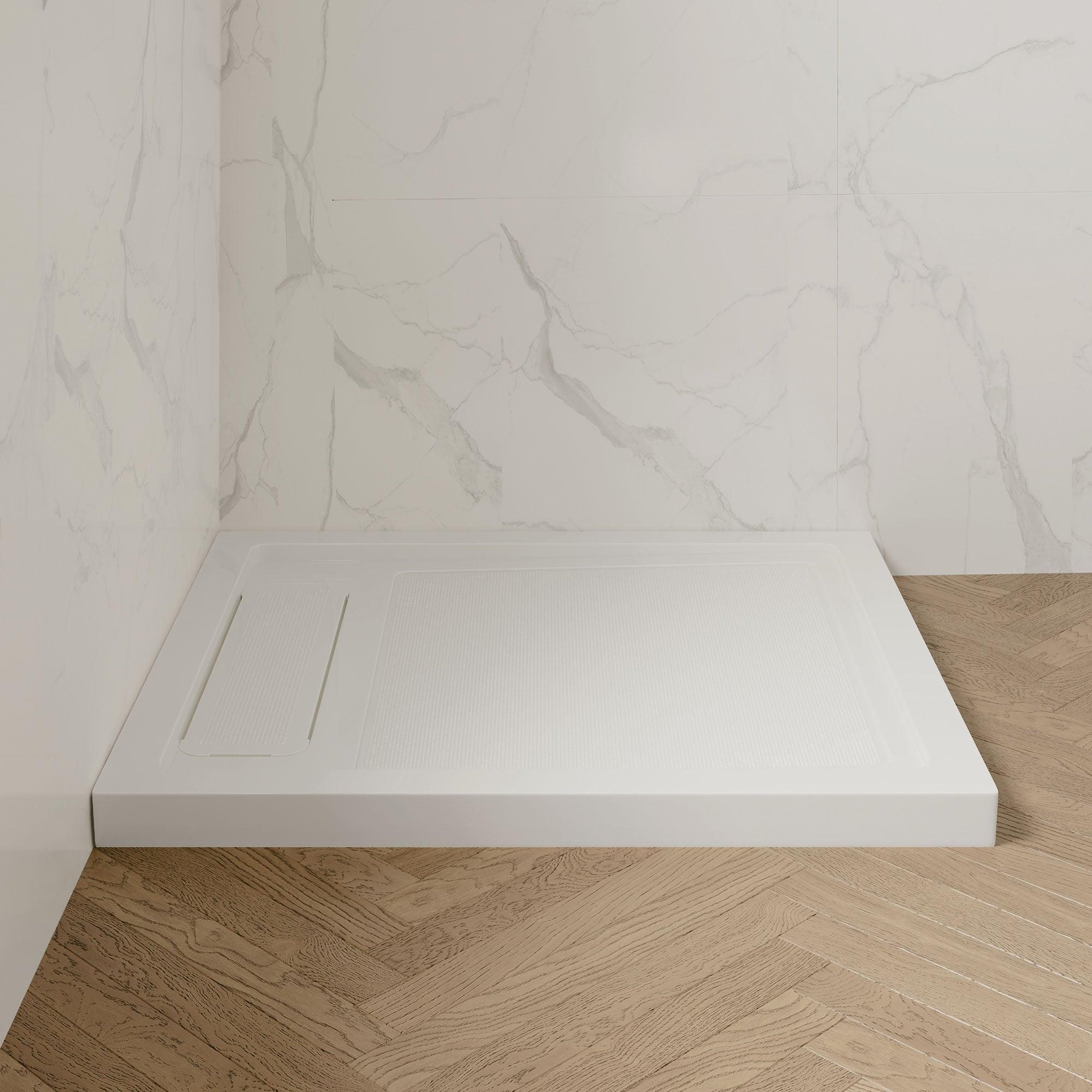 OVE Decors 36" x 32" Rectangle Shower Base Pan, White Acrylic, Center Drain, Reversible Design
