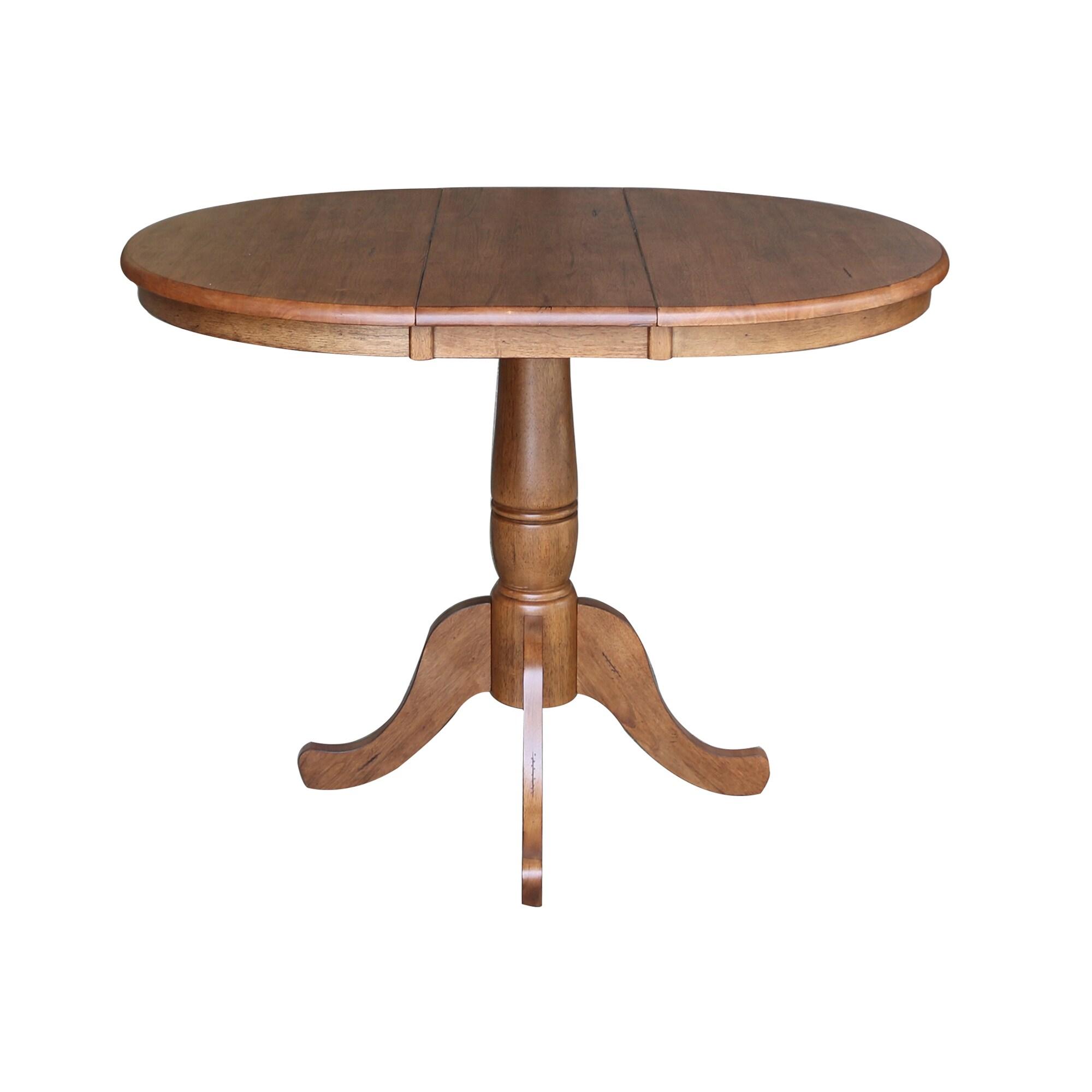 International Concepts 29.3" Keanan Round Top Pedestal Extendable Dining Table with 12" Drop Leaf Distressed Oak: Mid-Century Style, Seats 4