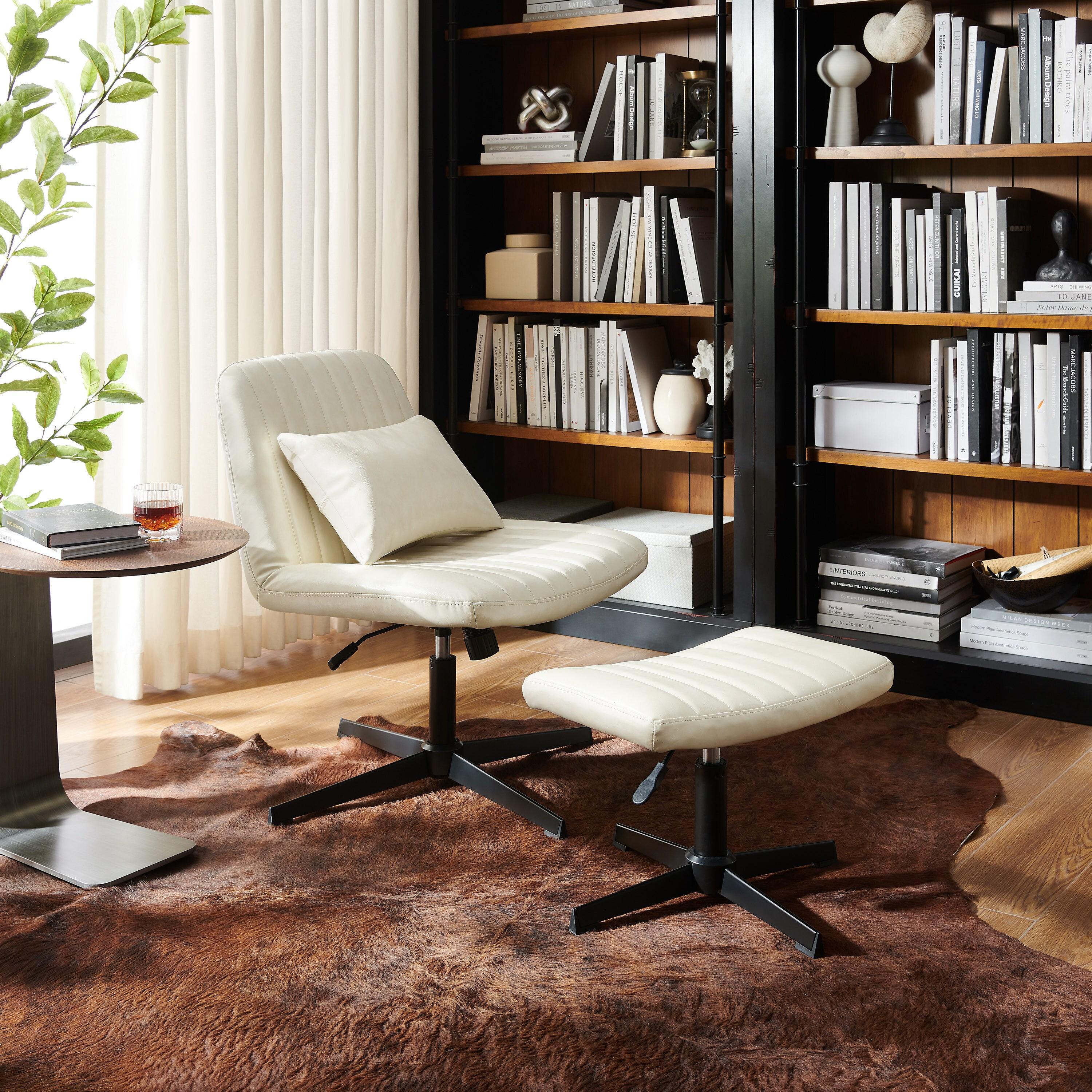 Art Leon Accent Chair with Ottoman,360 Degree Swivel Reading Chair for Bedroom Livingroom, Faux Leather Height Adjustable, Off-White