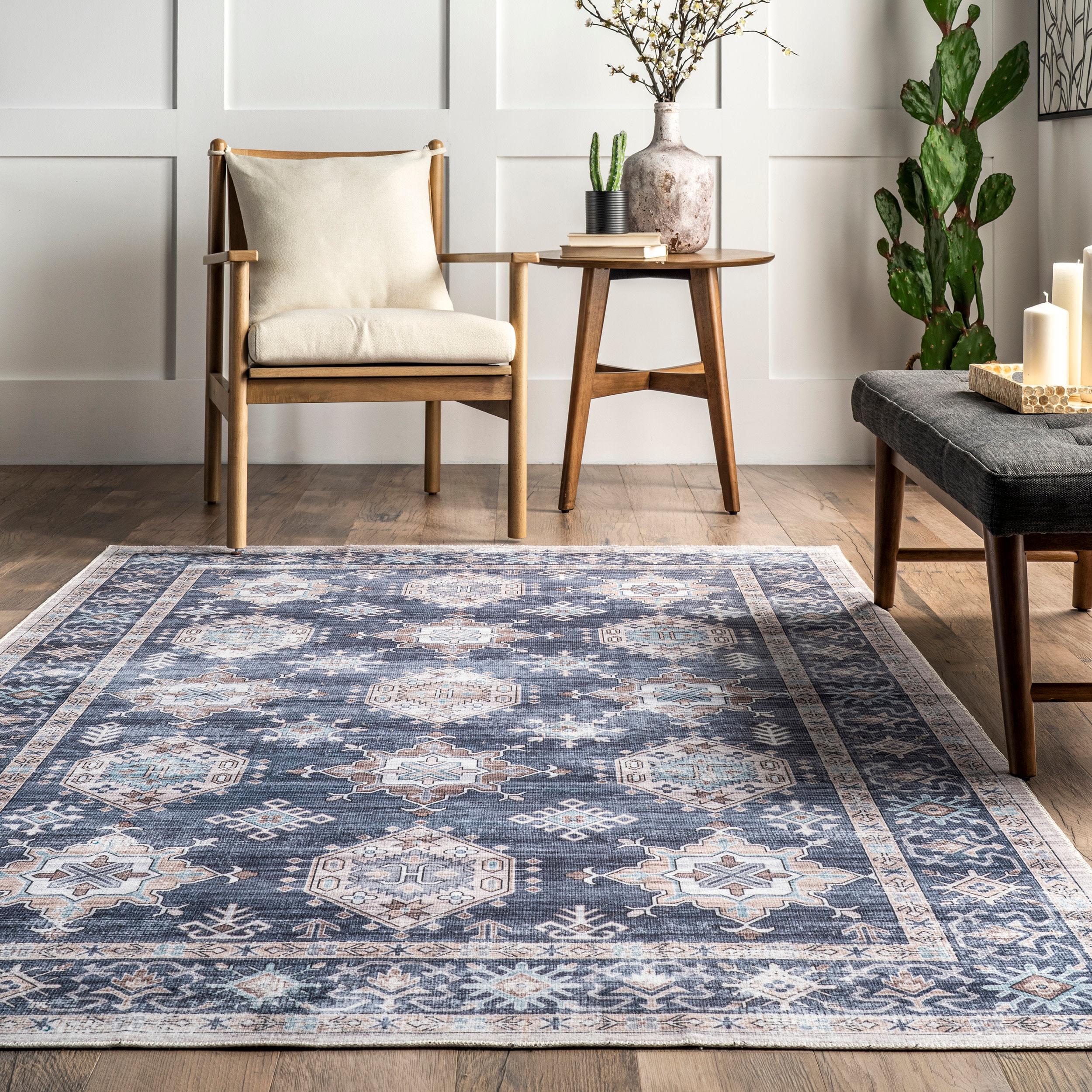 Nuloom Finley Medallion 2x8 Machine Washable Runner Indoor Area Rug for Living Room Bedroom Dining Room Entryway Hallway Kitchen, Blue/Grey