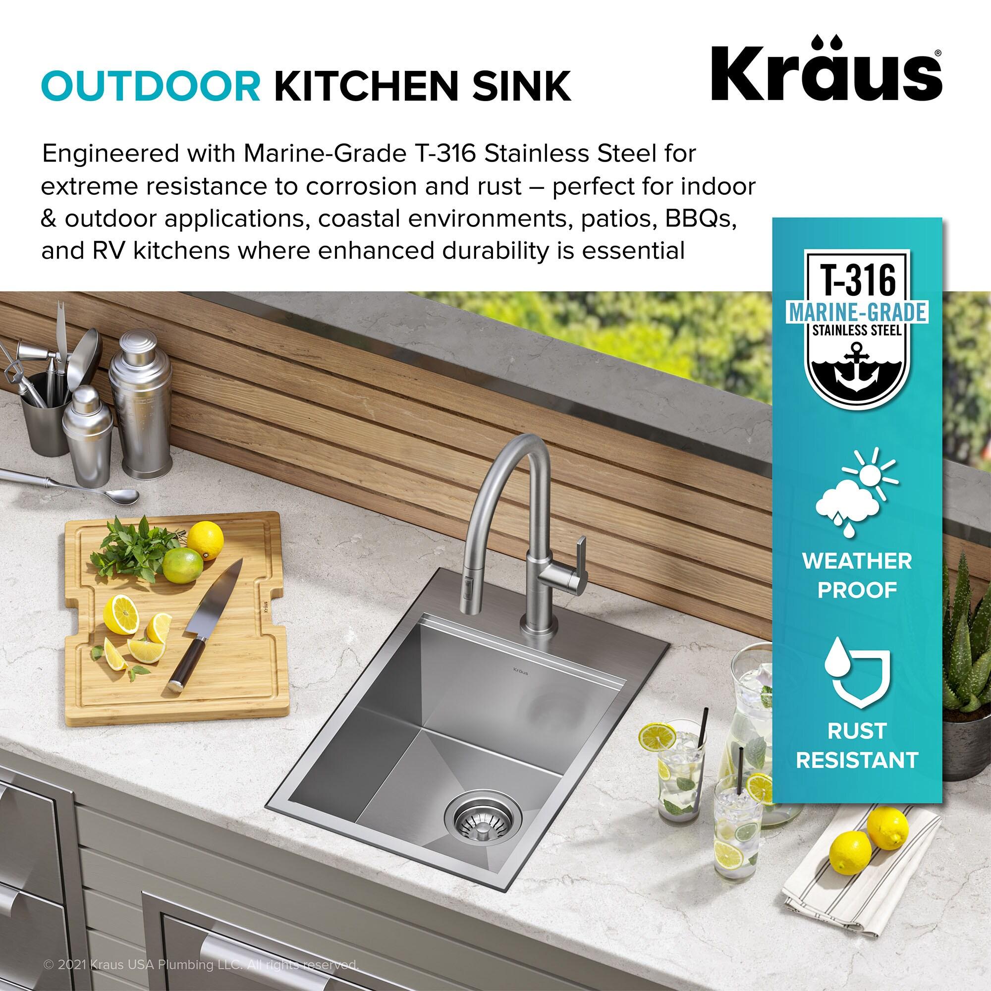 KRAUS Kore™ 15" L Outdoor Workstation Drop-In 16 Gauge Marine Grade T-316 Stainless Steel Single Bowl Kitchen Bar Sink