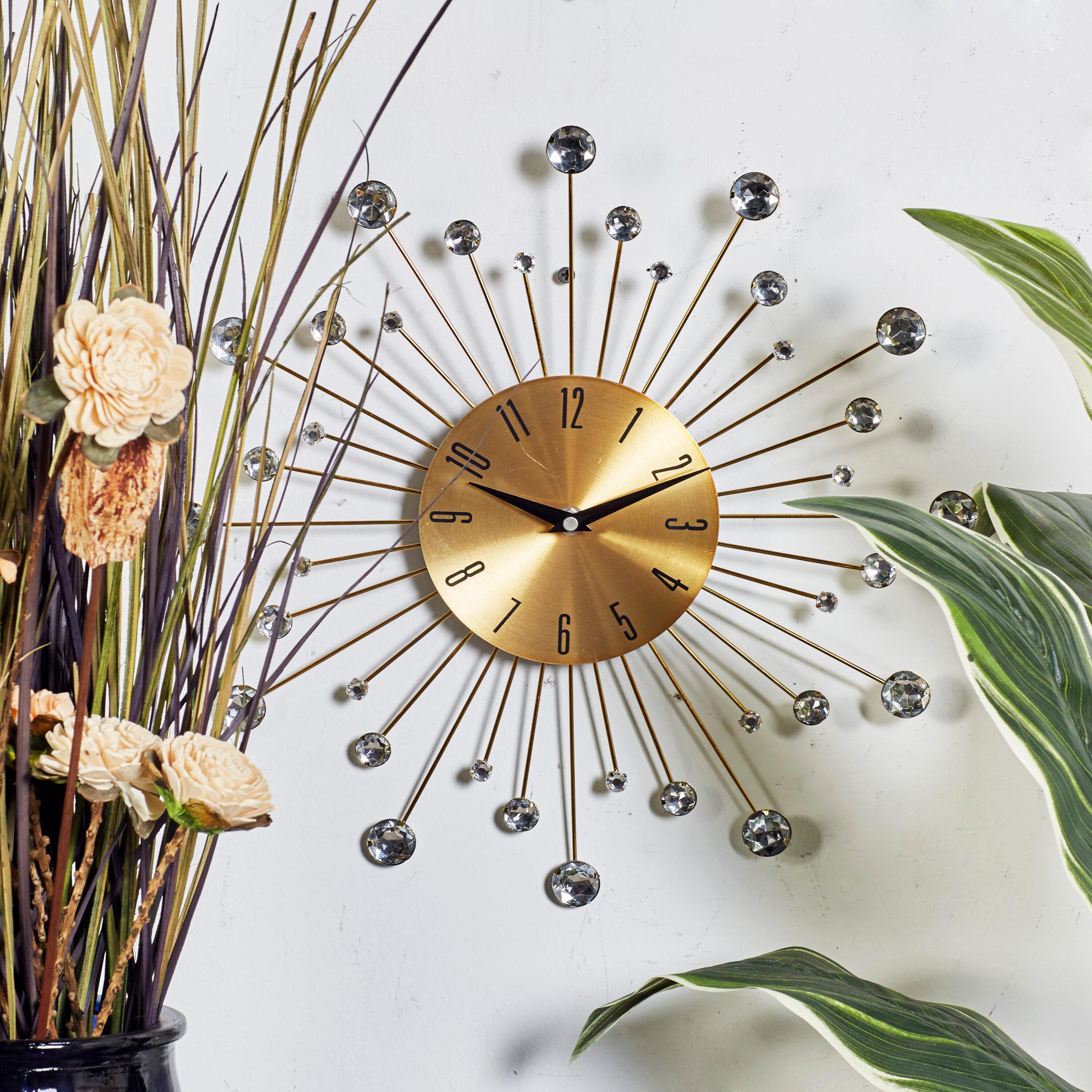 DecMode Gold Metal Glam Wall Clock, 15”L x 0.5”W x 15”H, Features Starburst Design