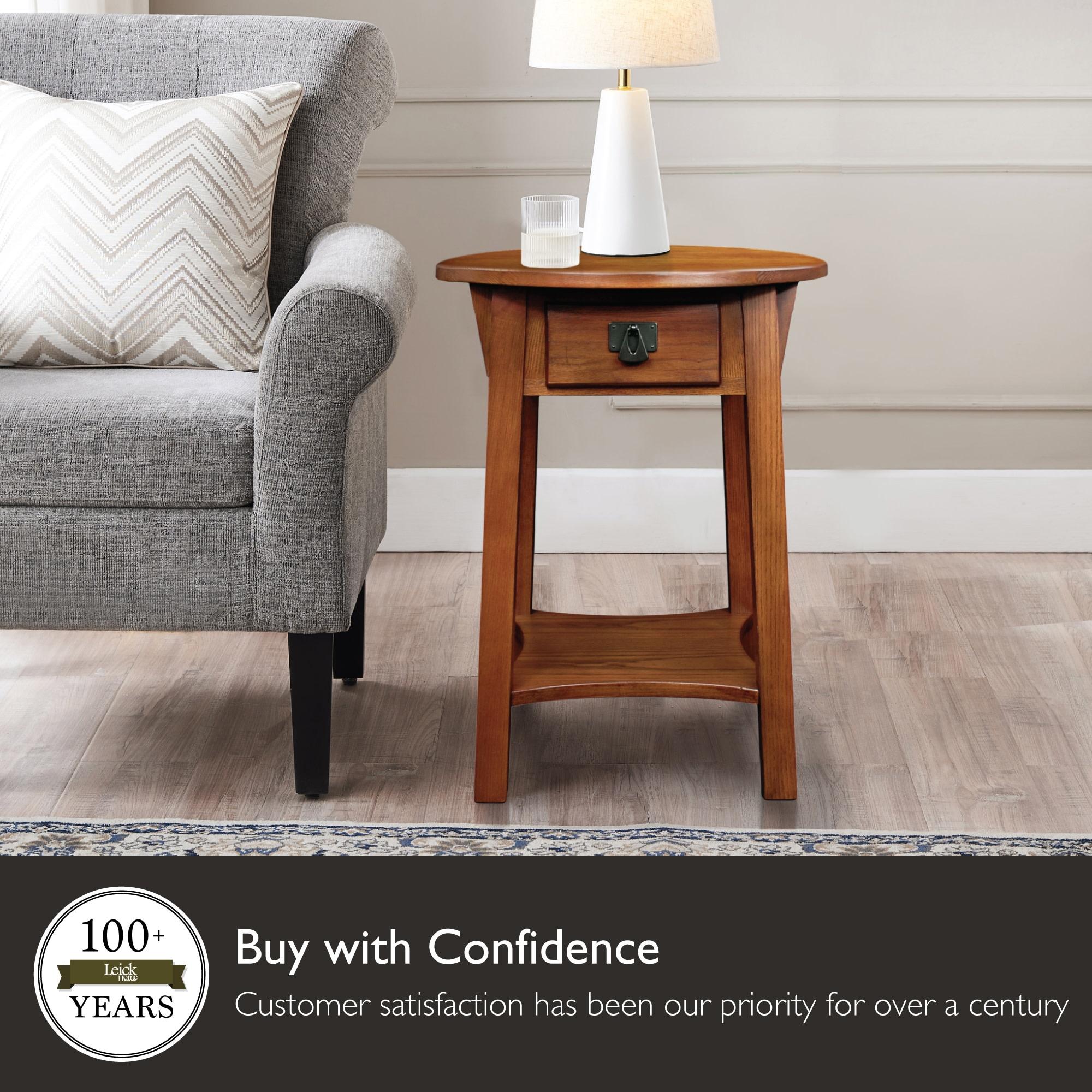Leick Home 9056-RS Mission Round End Table with Drawer, Made with Solid Wood, Side Table for Living Room, Bedroom, and Office, Russet Finish