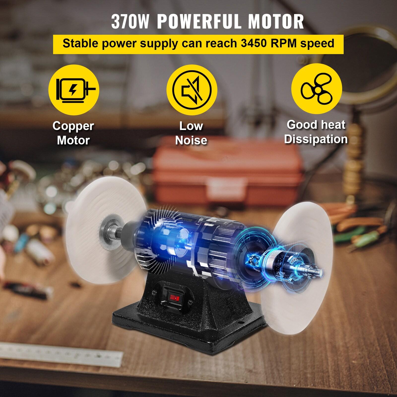 VEVOR Bench Buffer Polisher, 1/2HP Polishing Buffing Machine, 0 to 8000RPM Benchtop Polisher Grinder with 4" Cloth Wheel, 3" Grinding Wheel & 3" Fiber Wheel for Metal, Jewelry, Wood and Plastic