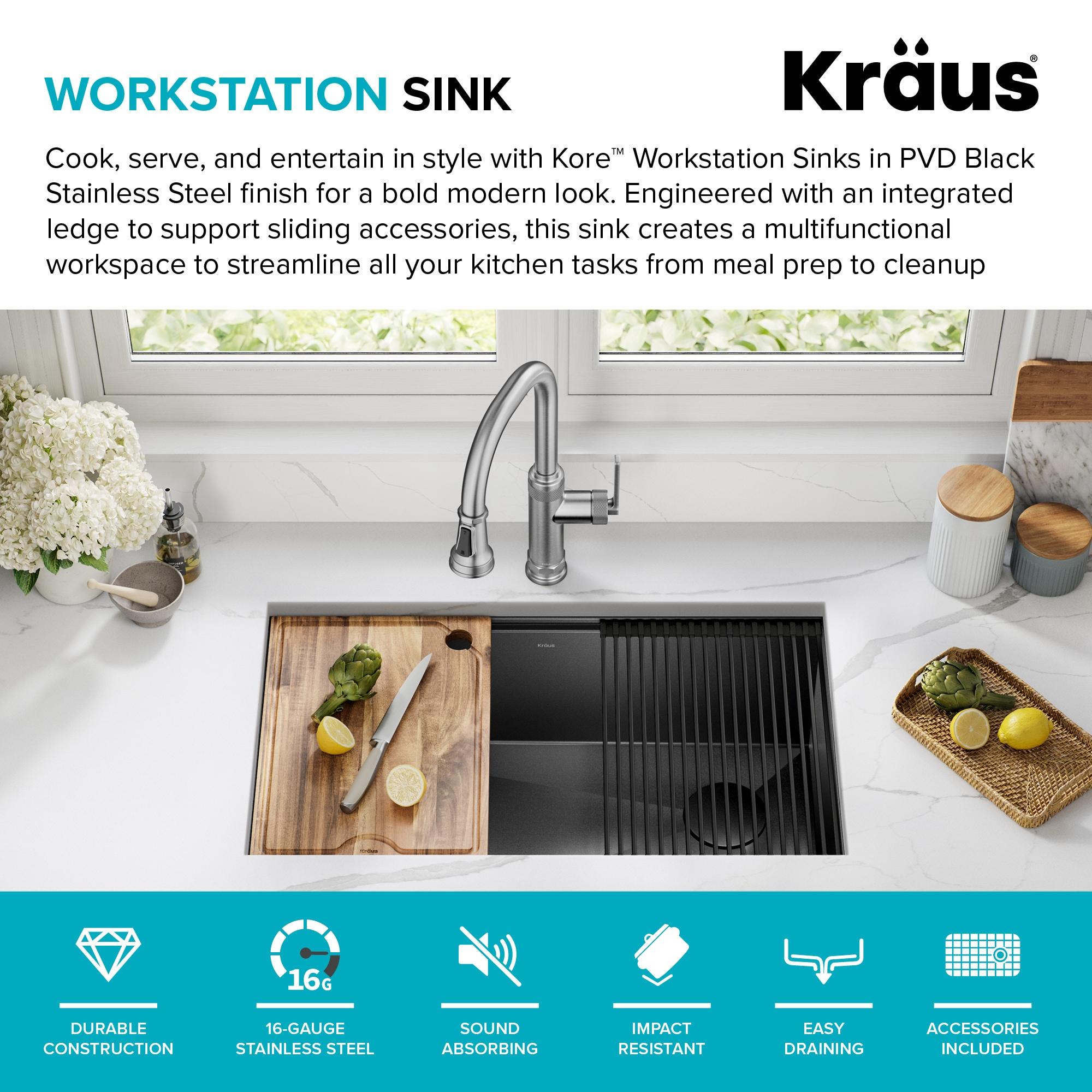 Kraus Kore Workstation 32 Undermount 16 Gauge Stainless Steel Single Bowl Kitchen Sink in PVD Gunmetal Finish with Accessories