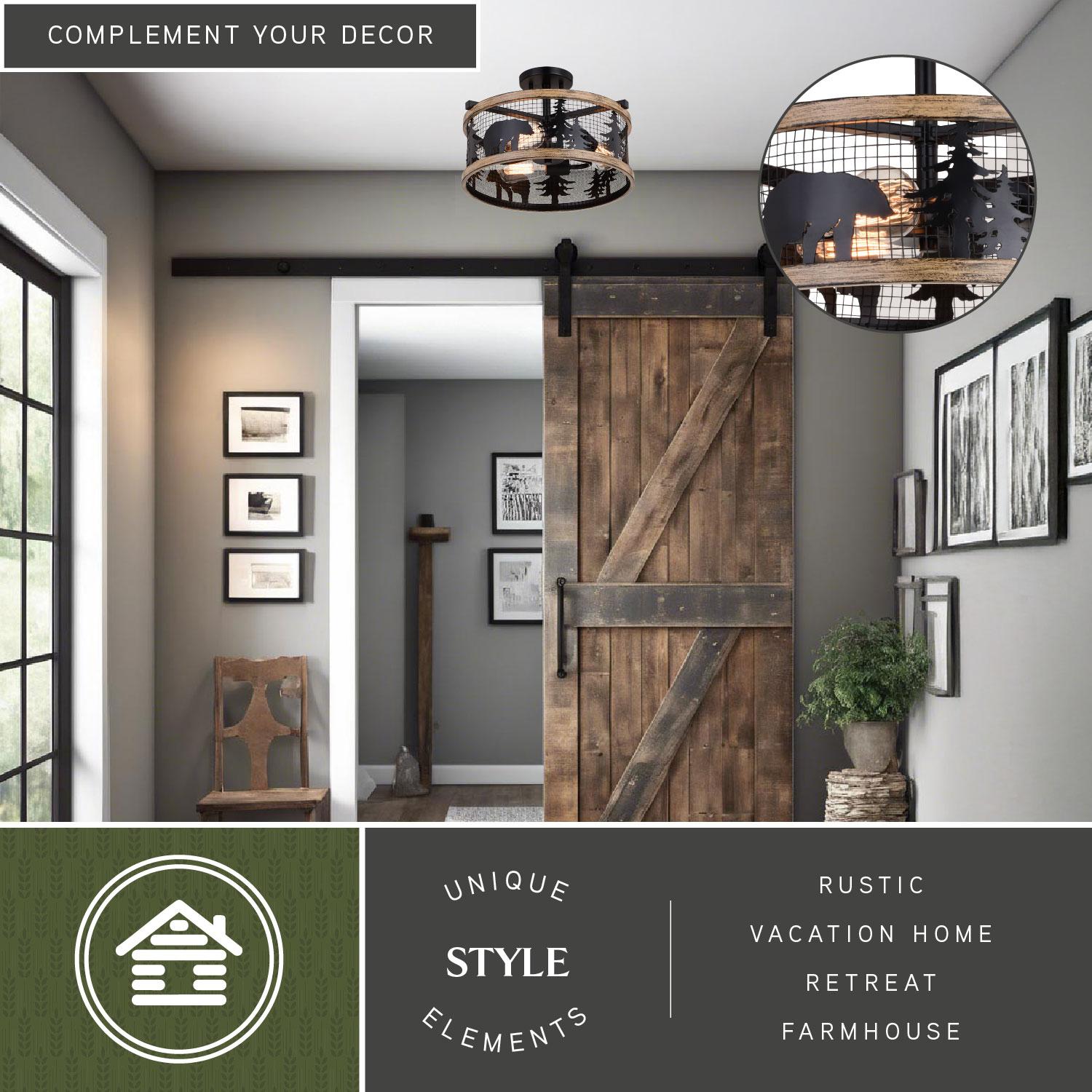 Kodiak 16-in W Black and Teak Rustic Semi Flush Mount Ceiling Light Bear and Tree Motif