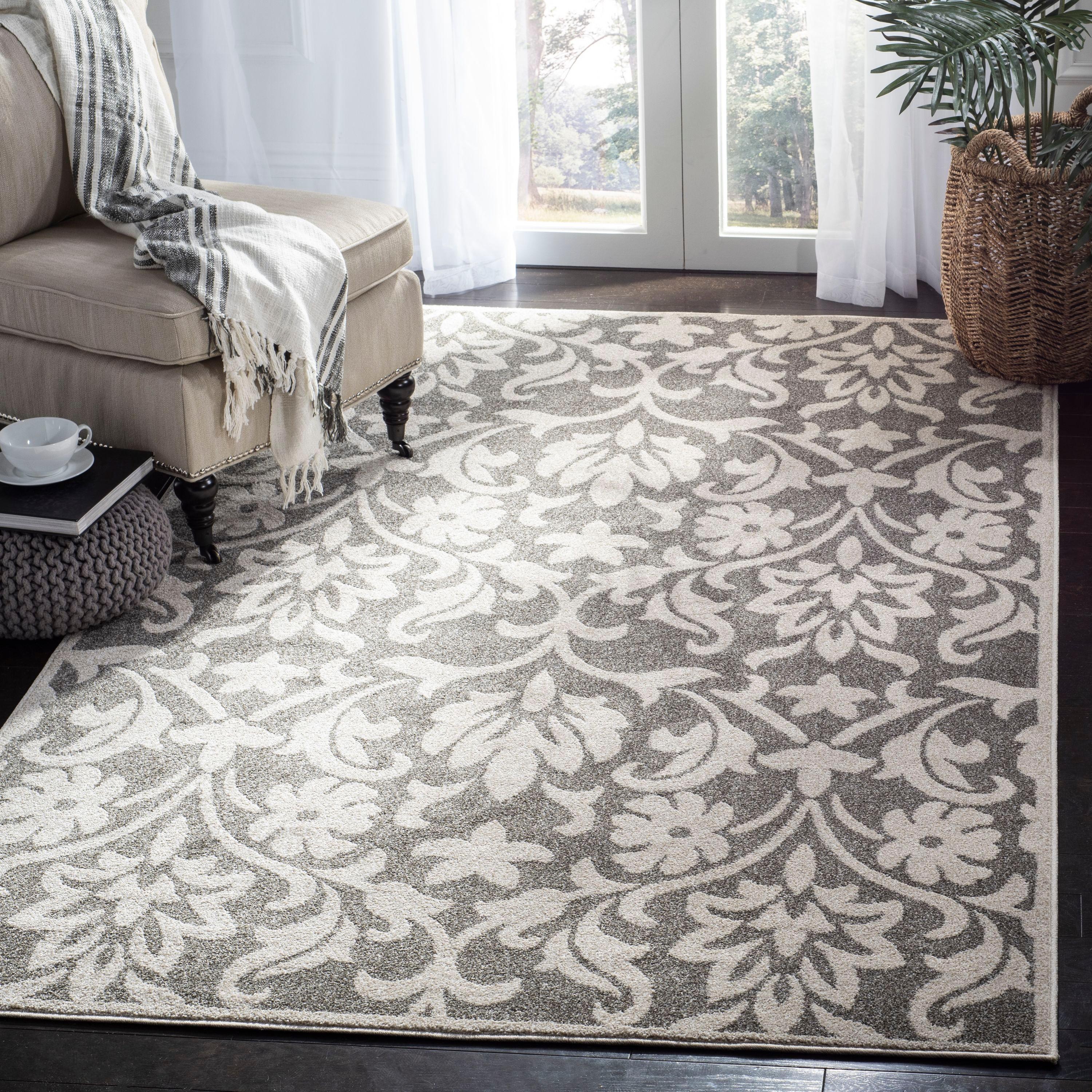Gray and Beige Floral Synthetic Outdoor Area Rug, 10' x 14'