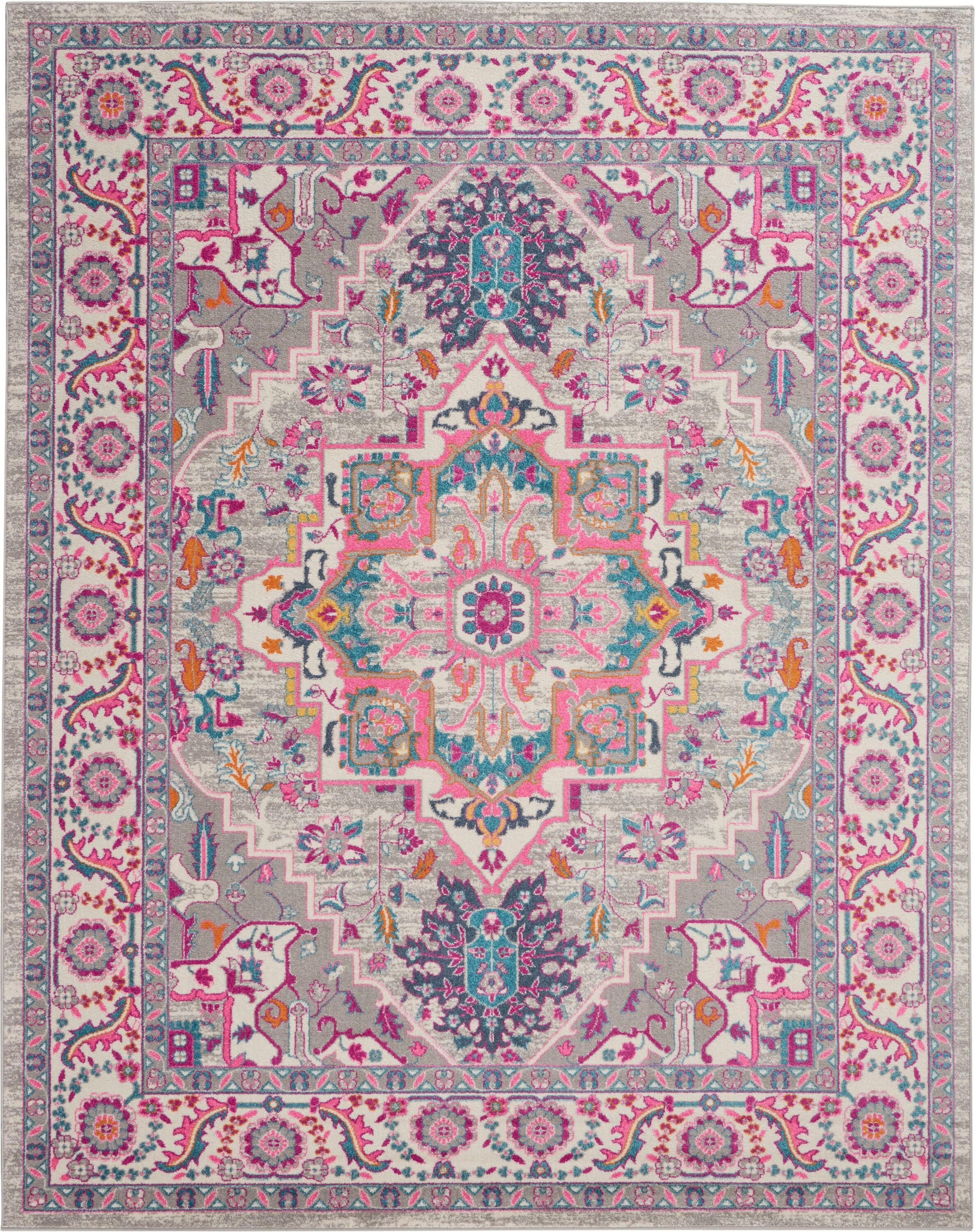 Nourison Passion Colorful Center Medallion Area Rug Light Grey/Pink 8' x 10'