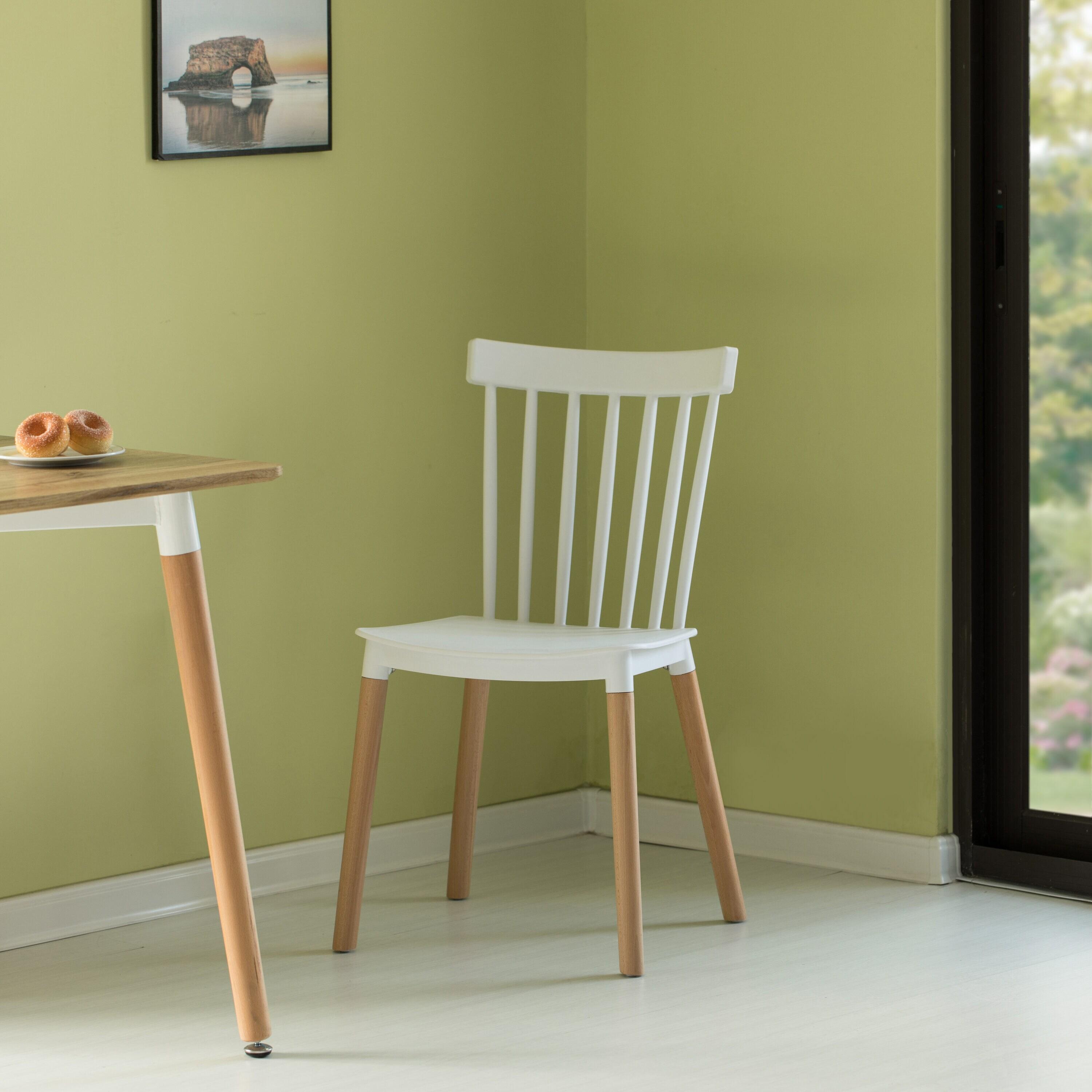 Modern Plastic Dining Chair Windsor Design with Beech Wood Legs, White Set of 4