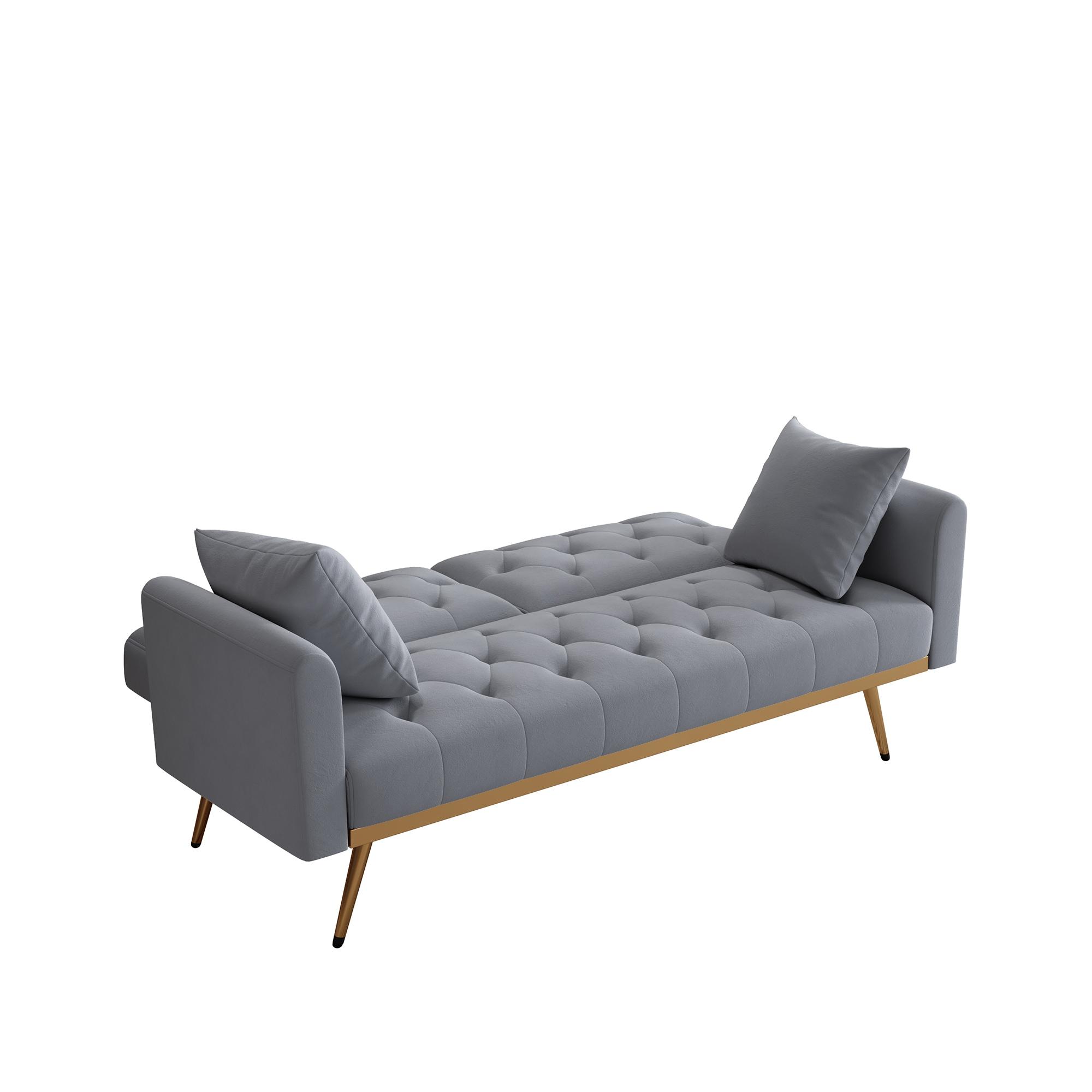 68.3" Gray Velvet Nailhead Sleeper Sofa with Throw Pillow