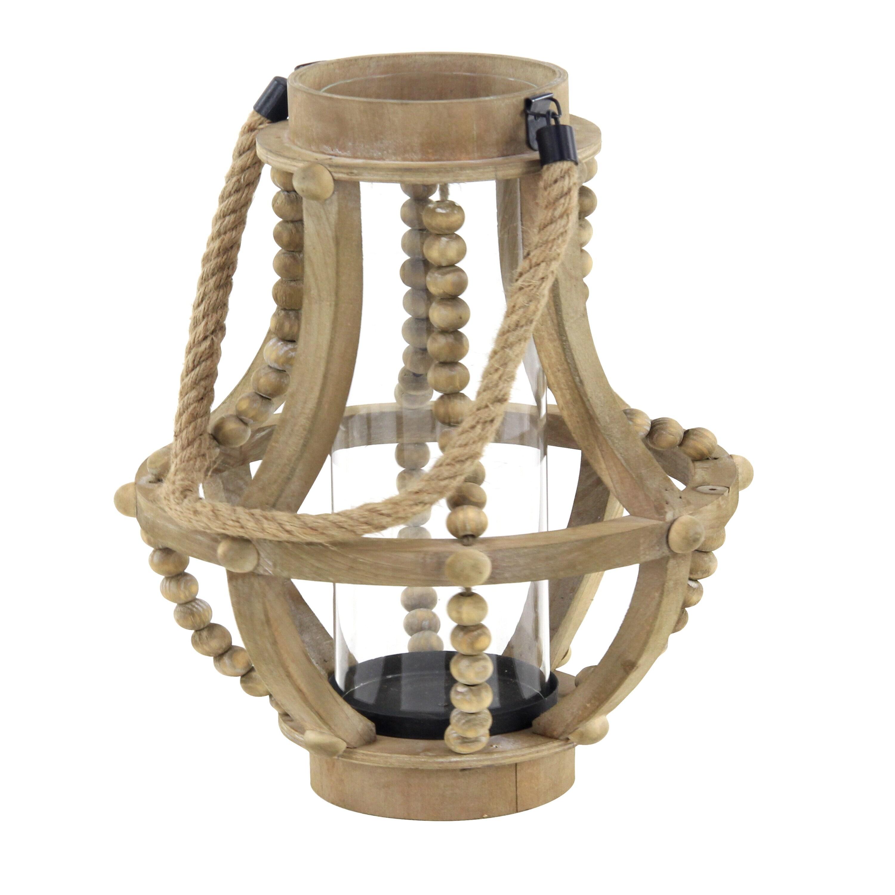 Olivia & May 16" x 10" Rustic Wood/Glass Candle Holder with Rope Handle Beige : Wooden Lantern, Tall Pillar Style