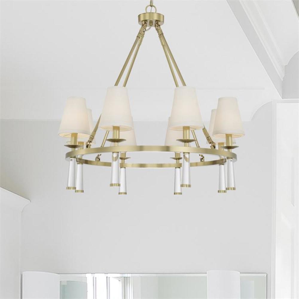 Elegant Aged Brass and Crystal 8-Light Chandelier with Silk Shade