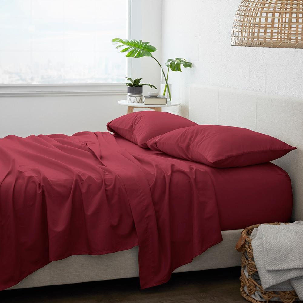 4-Piece Burgundy Solid Microfiber 300 Thread Count Queen Sheet Set