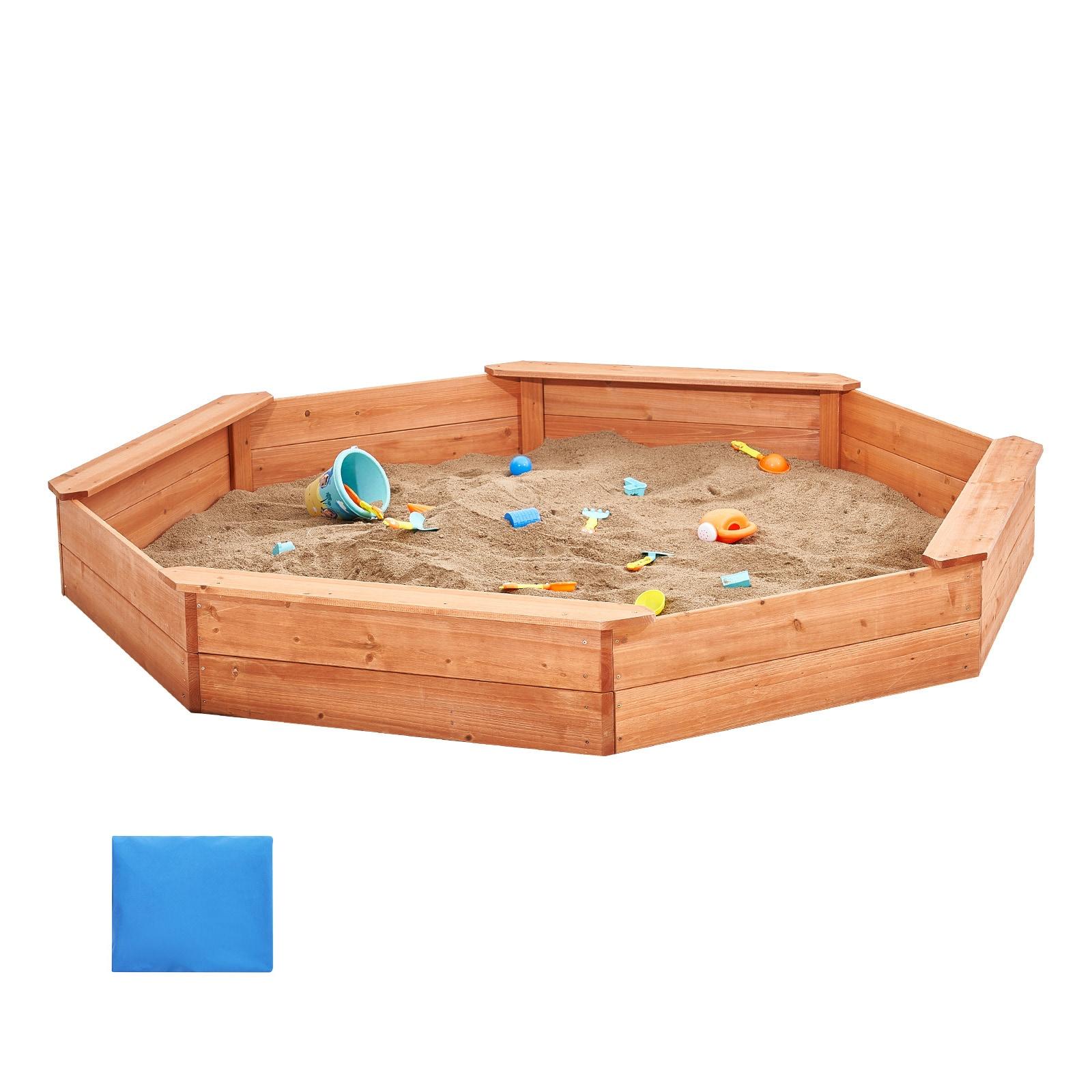 VEVOR Wooden Sandbox with Cover, 75.6 x 75.6 x 9.1 in Octagonal Sand Box, Sand Pit with 4 Seating and Bottom Liner