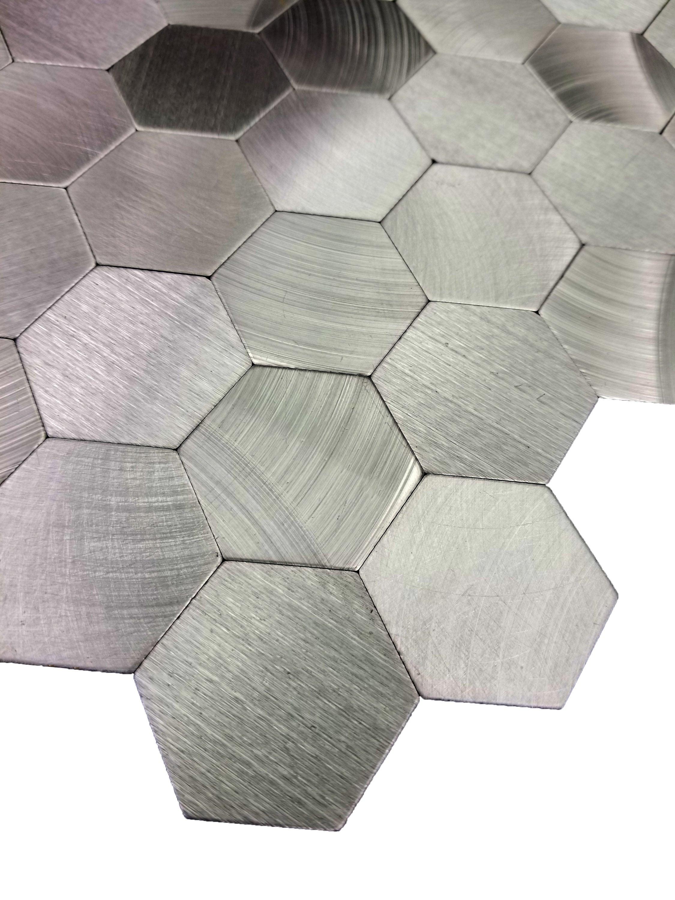 Abolos- Enchanting Hexagon Wall Backsplash 1.5" x 1.5" Peel and Stick Metal Mosaic Tile in Silver (19.80sqft / 22pc Box)