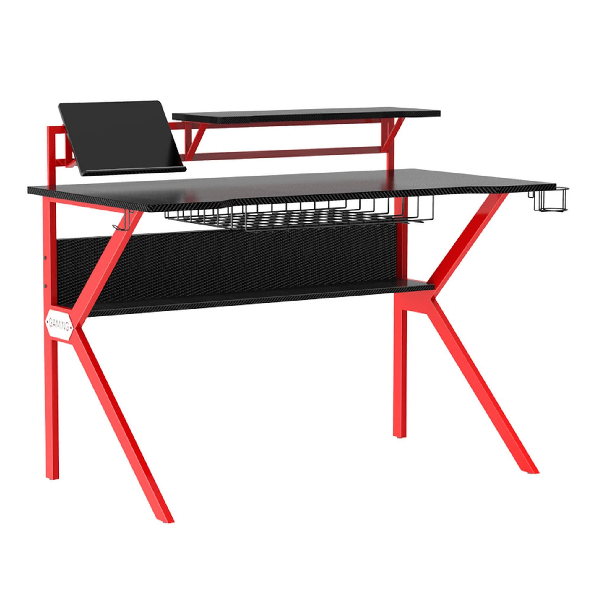 PVC Coated Ergonomic Metal Frame Gaming Desk Black/Red - The Urban Port: Elevated Monitor Shelf, K-Shaped Legs, Headphone Holder