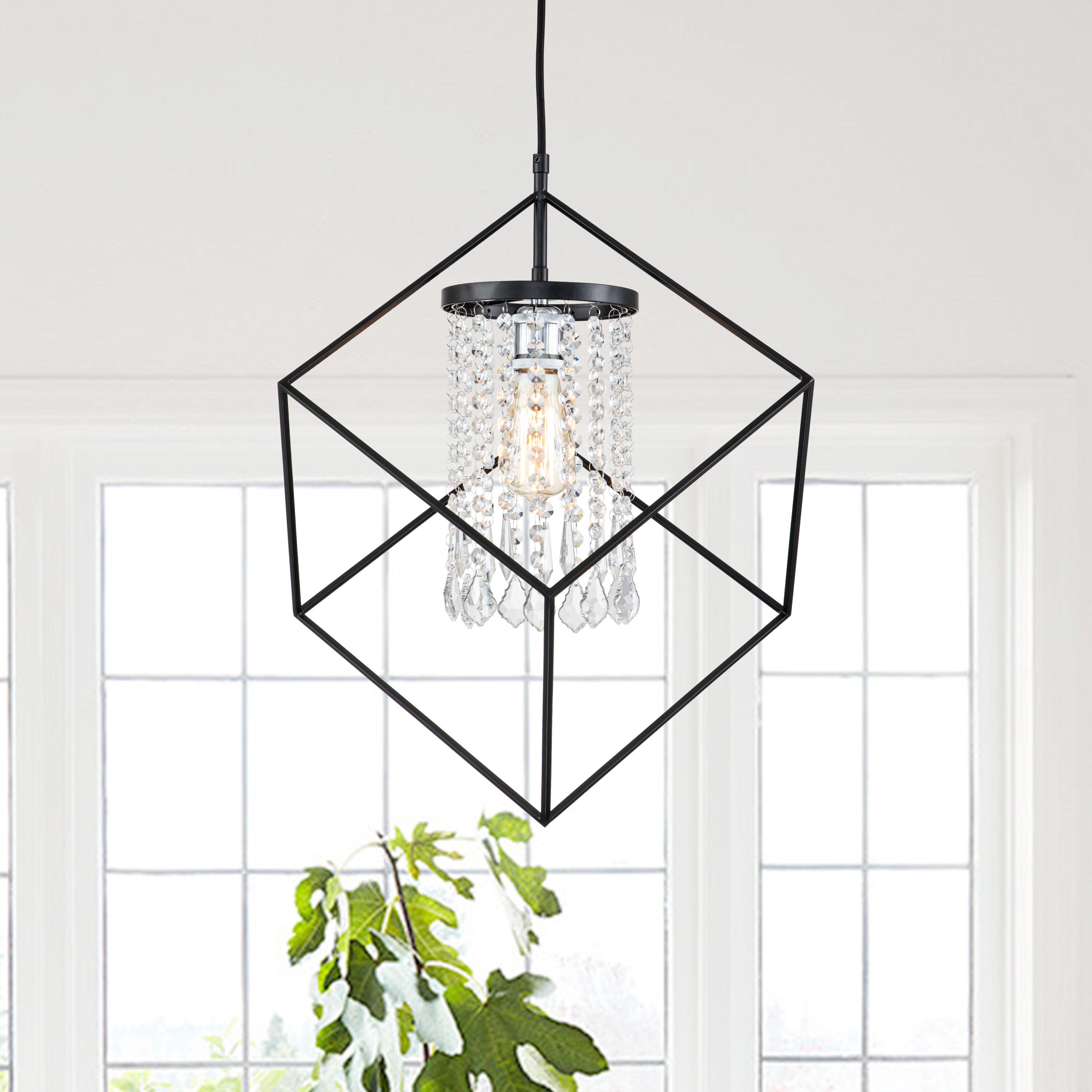 C Cattleya 1-Light Black Cube Pendant Light with Cylinder Crystal Beads Shade