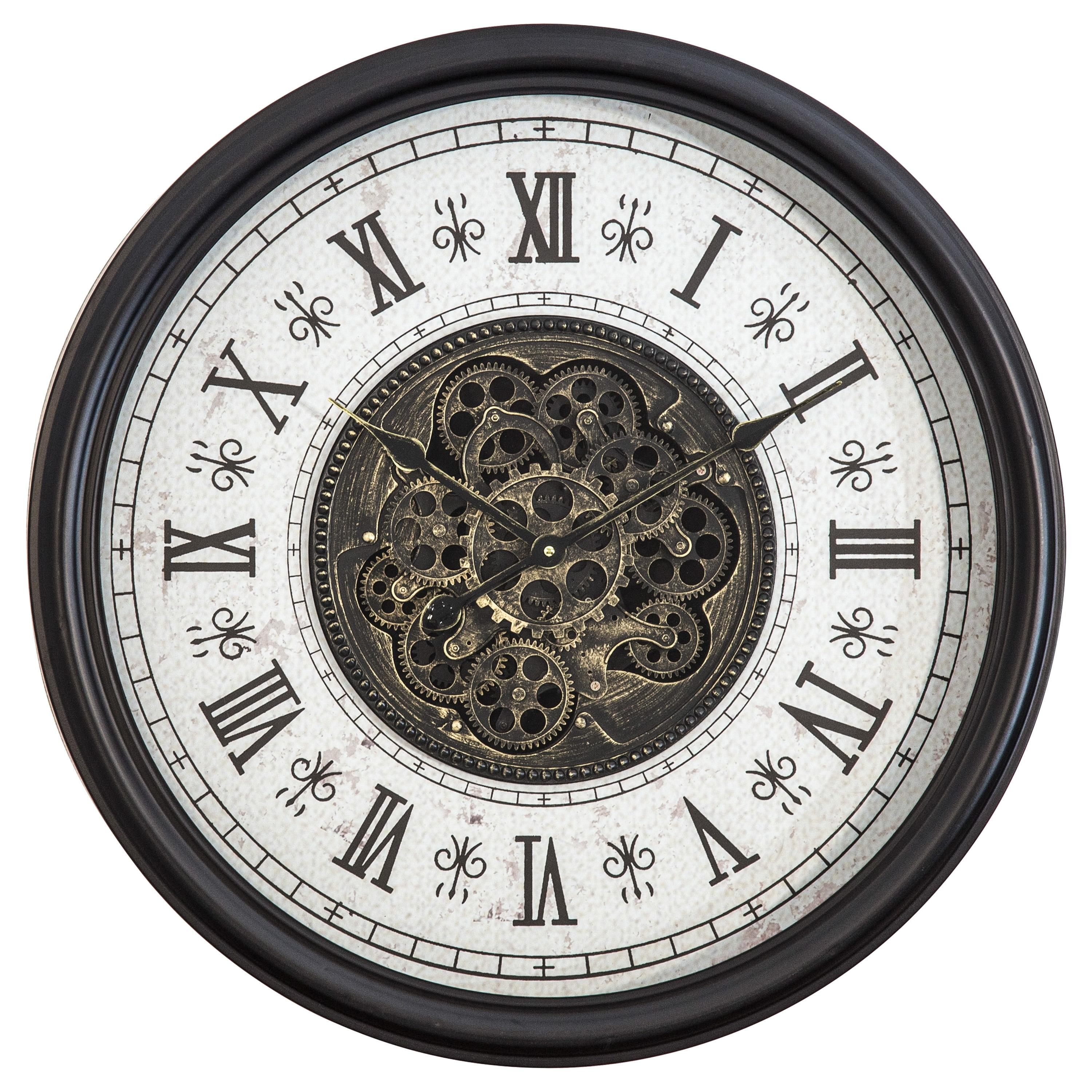 Black Metal Wall Clock with Gears and Glass Cover